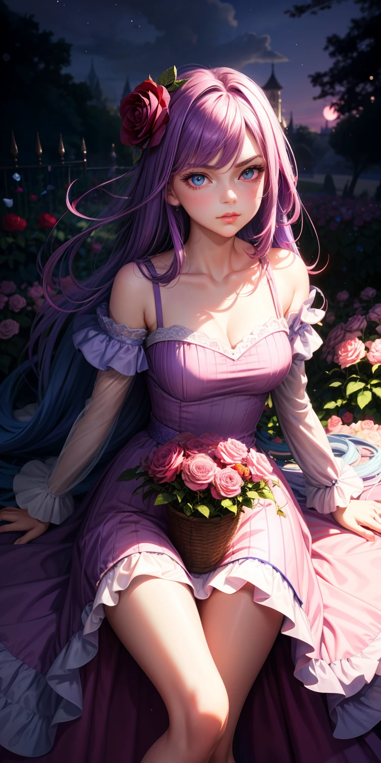 realisticlying,1girl,Purple hair,blue color eyes,pinkdress,Pouting lips,Be red in the face,trpical garden,Rose flower,under moonlight