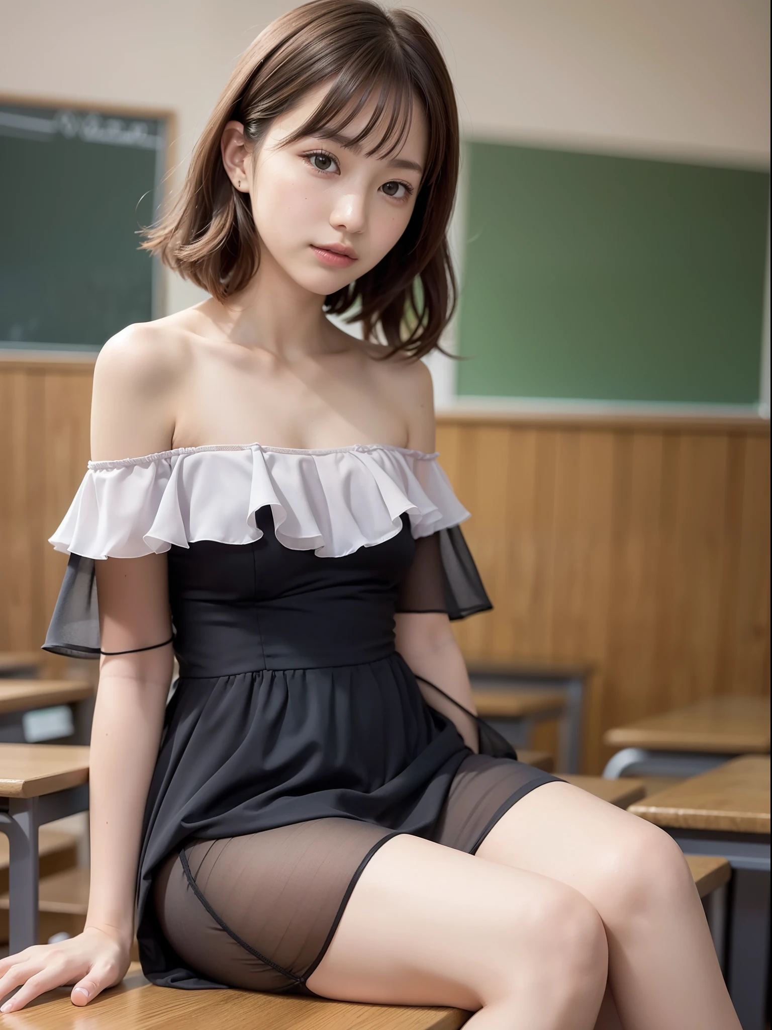 ((of the highest quality, 8K, masutepiece: 1.3, Raw photo)), Sharp Focus: 1.2, (1 AESPA Girl :1.1), Solo, (Realistic, Photorealistic: 1.37), (Face Focus: 1.1), Cute face, hyperdetailed face, short messy hair, Small Smile, slender, nude, (Off-the-shoulder chiffon dress, check skirt: 1.3), (Sitting with one knee up: 1.3), classroom, panties, flower, dahlia