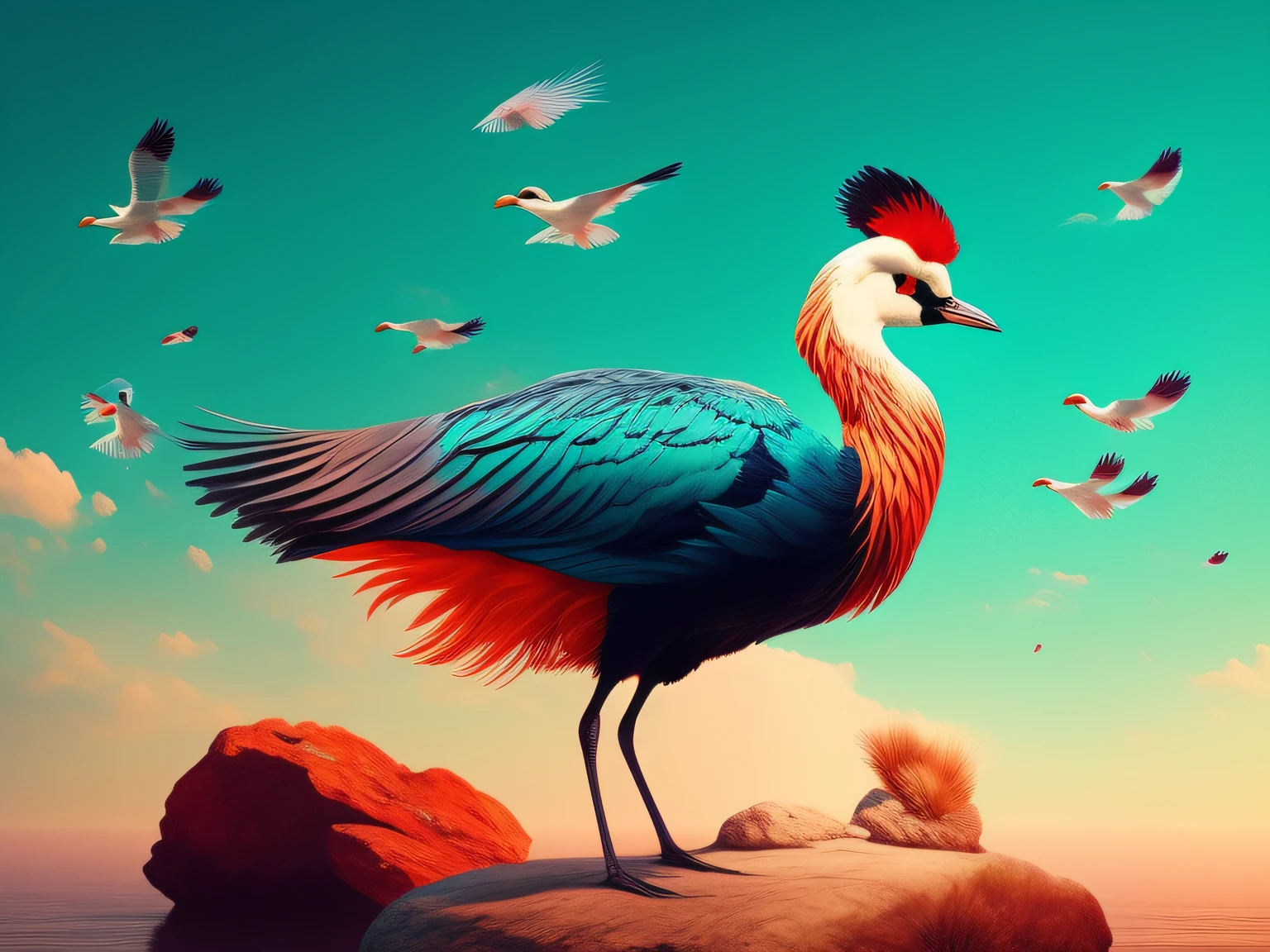 There is a one-legged red-crowned crane standing on a rock in the grass, (Cyan back feathers)，(Red belly feathers)，White mouth，a digital painting inspired by Mike Winkelmann, cgsociety contest winner, Fantasy art, fiery bird, birds f cgsociety, Beautiful digital artwork, surrealistic bird, Fantasy art Behance, stunning digital illustration, artwork of a phoenix, surrealistic bird, trend on behance 3d art