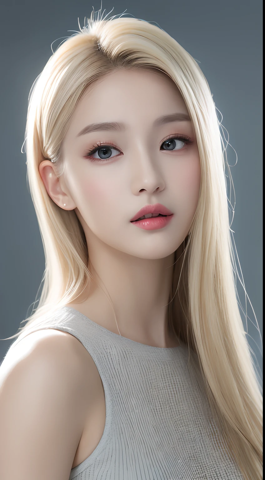 ((Realistic lighting、top-quality、8K、masterpiece:1.3))、Clear focus:1.2、1girl in、flawless beauty:1.4、slim((blonde hair))、Neat and clean clothing、One-piece clothes、Superfine Face、Narrow-eyed、二重まぶた、lighting like a movie、photos realistic、28 year old、Straight hair、Face like a K-pop idol、white backgrounid、Gray background、Mature Woman、Classy makeup、Light hair color Blonde、Angle of pull、