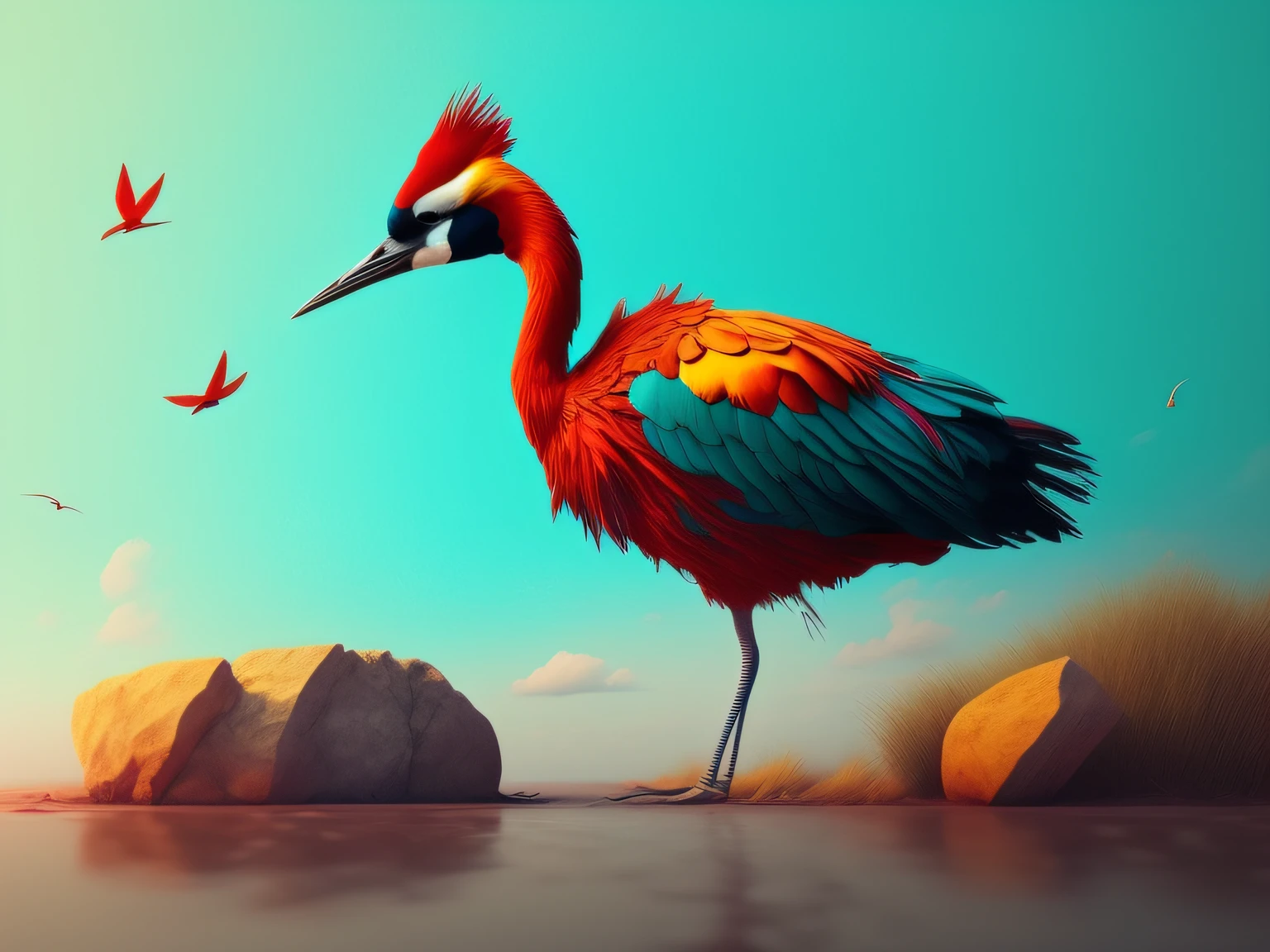 There is a one-legged red-crowned crane standing on a rock in the grass, (Cyan back feathers)，(Red belly feathers)，White mouth，a digital painting inspired by Mike Winkelmann, cgsociety contest winner, Fantasy art, fiery bird, birds f cgsociety, Beautiful digital artwork, surrealistic bird, Fantasy art Behance, stunning digital illustration, artwork of a phoenix, surrealistic bird, trend on behance 3d art