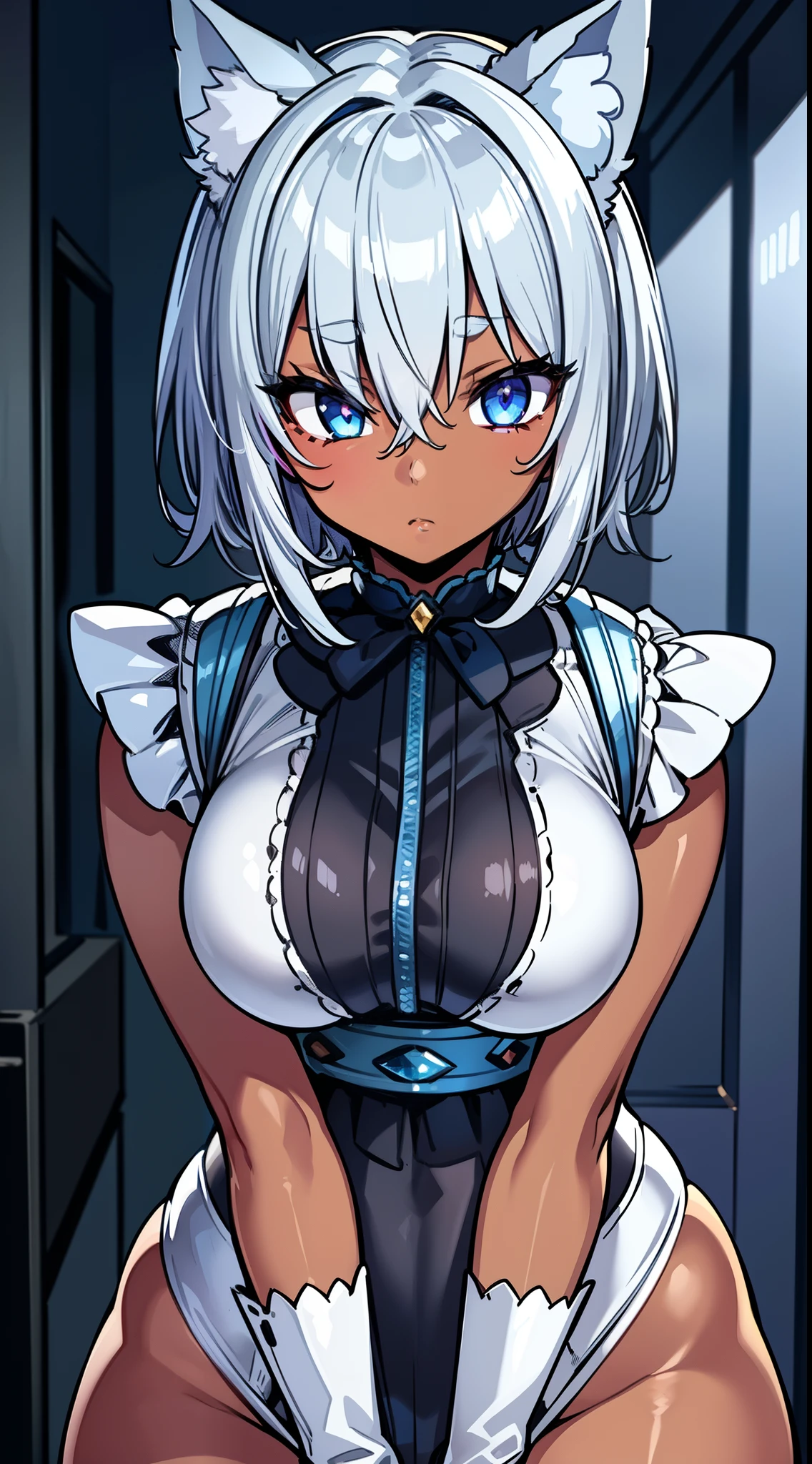 (masterpiece:1.2) (bestquality) highlydetailed, ultra-detailed, dark, (tanned skin) (blue color eyes)(silver hair) (short hair), (cat ears), (busty), (shy)