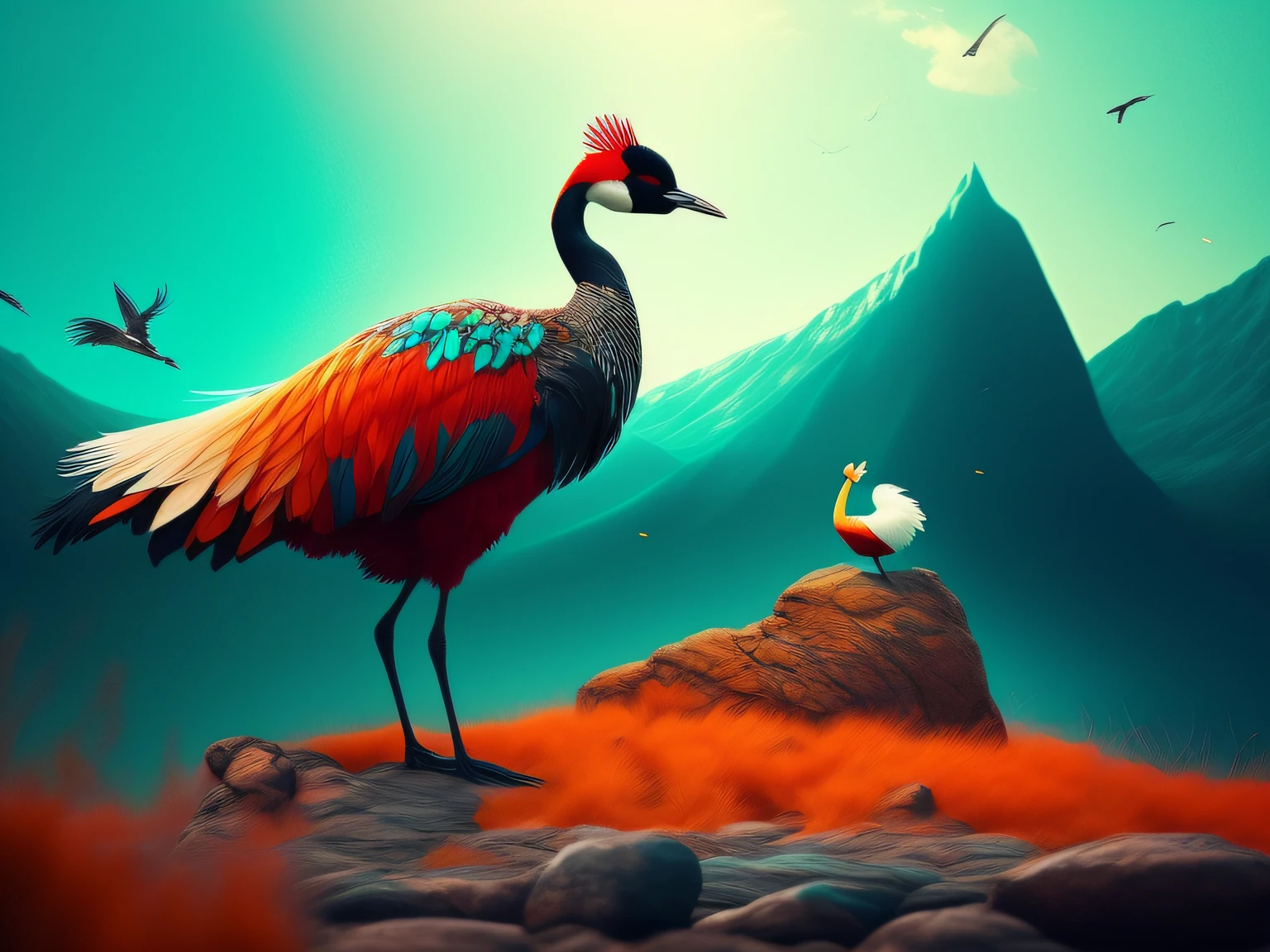 There is a one-legged red-crowned crane standing on a rock in the grass, (Cyan back feathers)，(Red belly feathers)，White mouth，a digital painting inspired by Mike Winkelmann, cgsociety contest winner, Fantasy art, fiery bird, birds f cgsociety, Beautiful digital artwork, surrealistic bird, Fantasy art Behance, stunning digital illustration, artwork of a phoenix, surrealistic bird, trend on behance 3d art