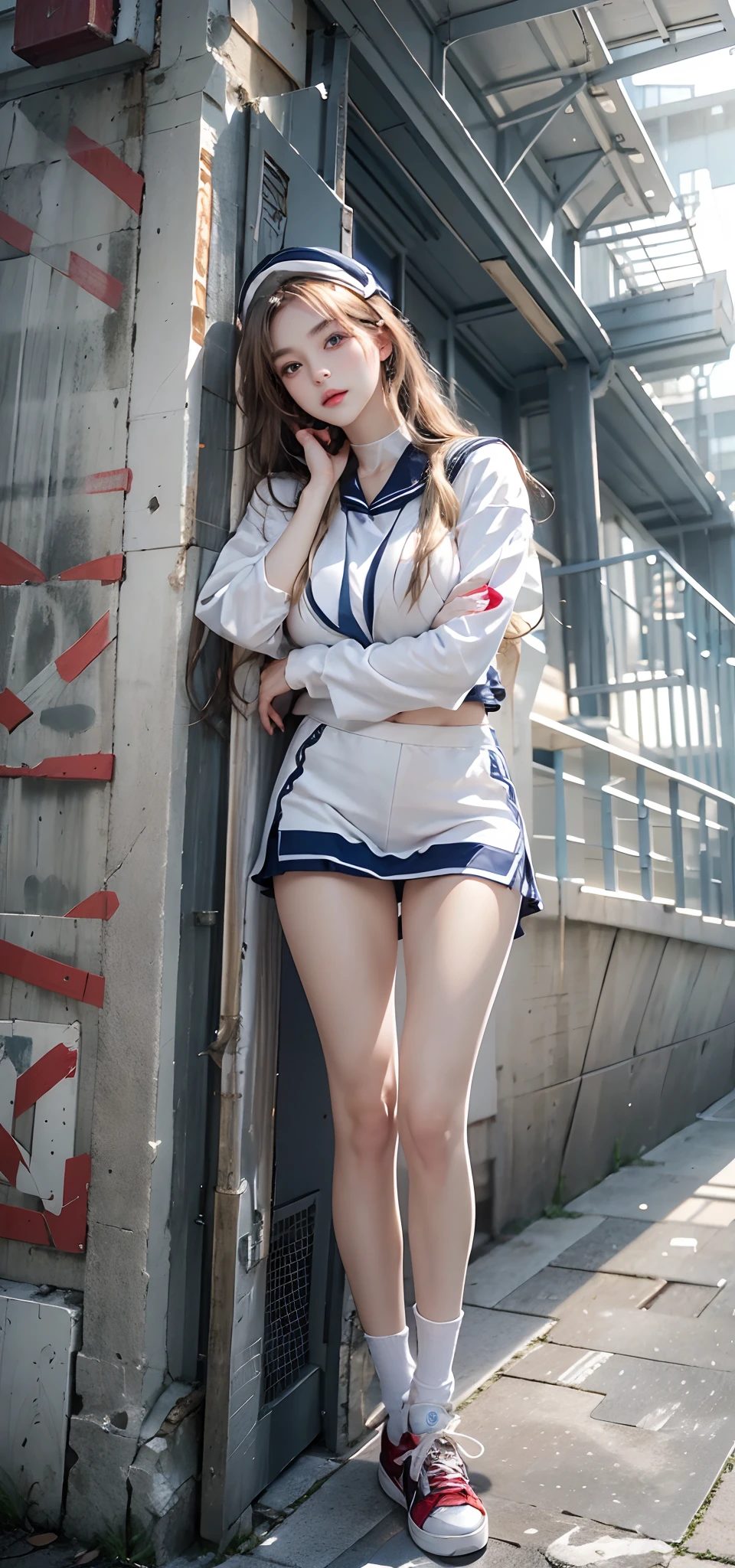 Photorealistic, high resolution, 1 Women, Solo, Beautiful eyes, view the viewer, Close lips, Detailed face,,long whitr hair, Big breasts Thin waist,long leges,Raised sexy,The kinky is exposed,Sailor's cap,Big high school girl(Wearing:Sailor uniform,nakeness,athletic sneakers)fully body photo,frontage