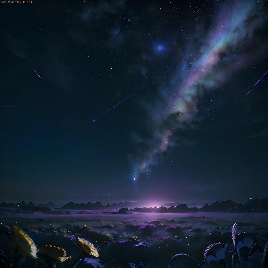 (Absurd, Cinematic, nffsw, Haute, ultra-detailliert, ultra-detailliert), Dark purple sky, Nebulae in the sky, The Last 5 in the Sky, Big moon in the sky, shooting stars, Dandelion field, mont, Oil Painting, Detailed dandelion field, Detailed sky, Sunset, unreal engine 4k wallpaper