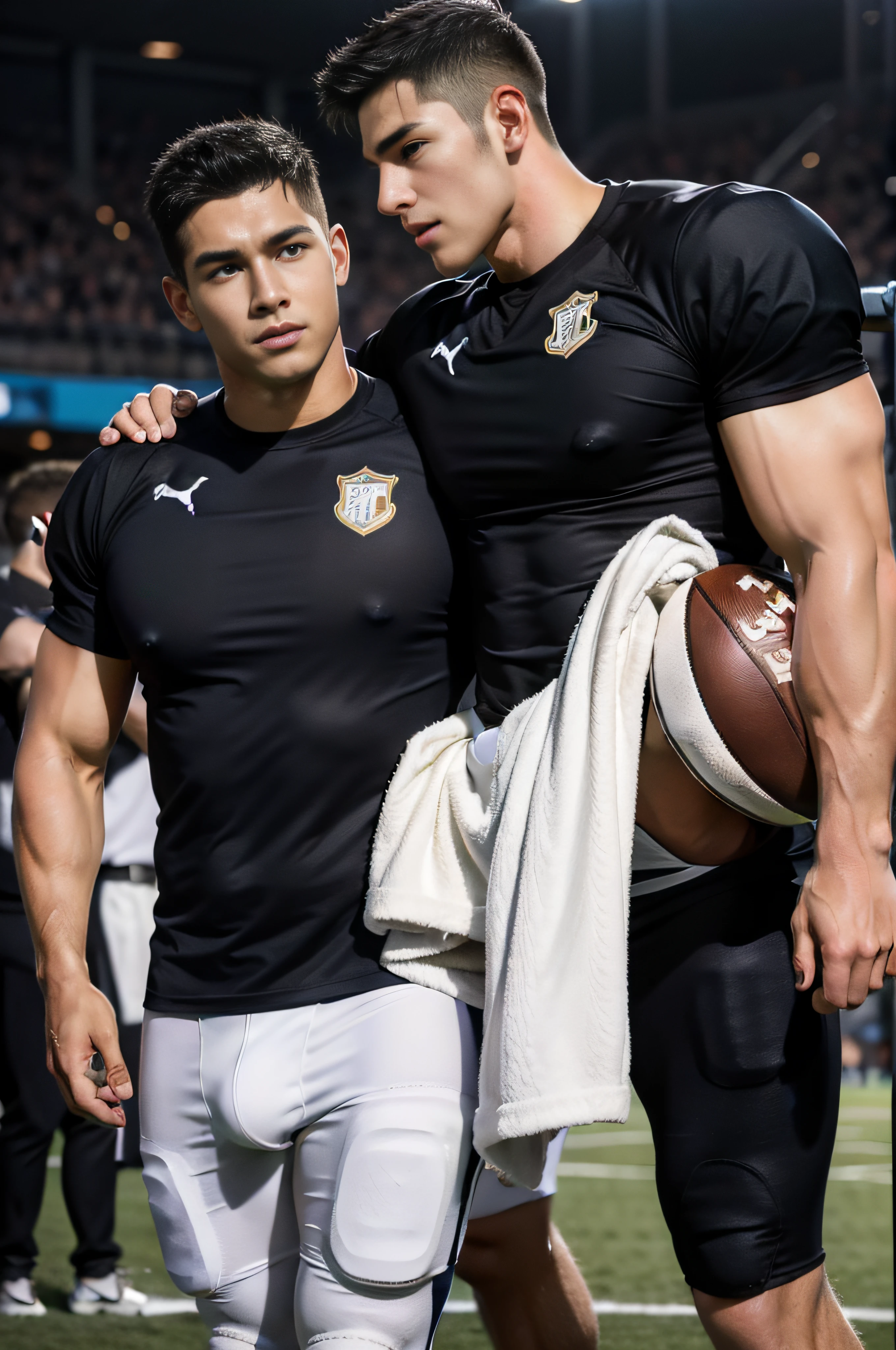 Football venues,sweat leggs,Photos during exercise,Football player costume,,Masculine,Exquisite facial features,virile,musculature,rich facial detail(The crotch is raised)full bodyesbian