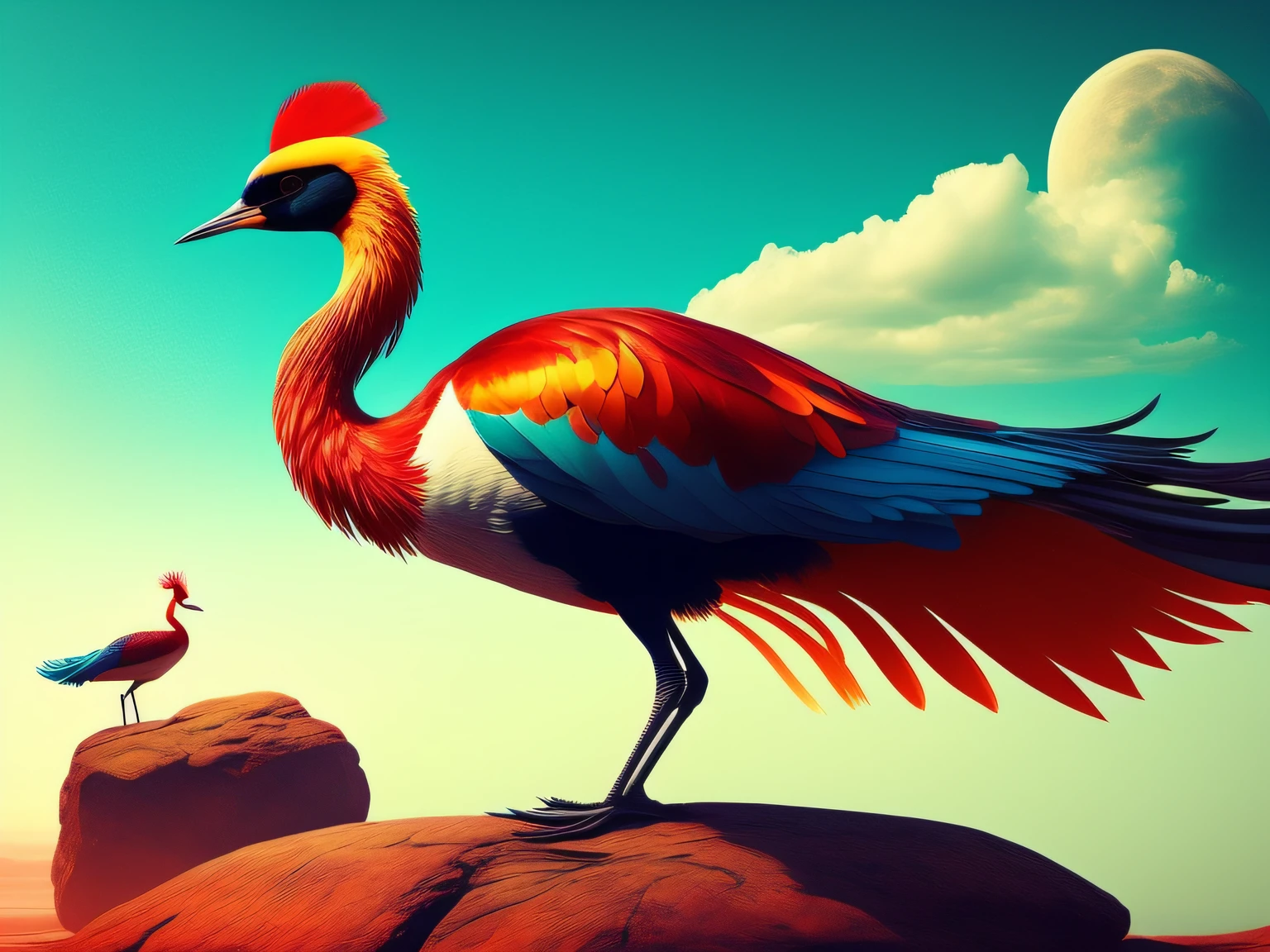There is a one-legged red-crowned crane standing on a rock in the grass, (Cyan back feathers)，(Red belly feathers)，White mouth，a digital painting inspired by Mike Winkelmann, cgsociety contest winner, Fantasy art, fiery bird, birds f cgsociety, Beautiful digital artwork, surrealistic bird, Fantasy art Behance, stunning digital illustration, artwork of a phoenix, surrealistic bird, trend on behance 3d art