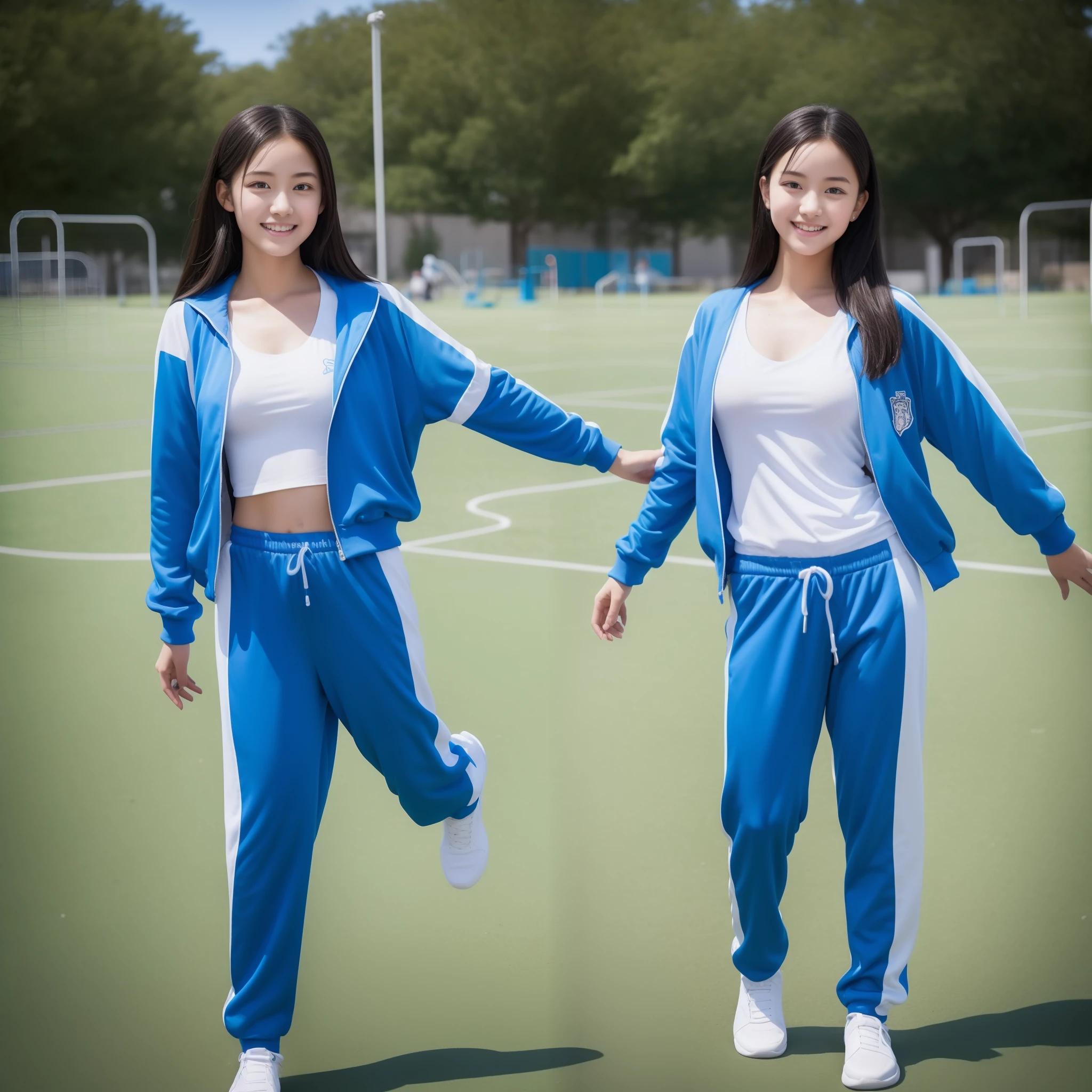 Beautiful high school student playing in blue and white tracksuit playing on school playground,Super high value,perfect body figure,beautiful hairl,Delicate hair,Fair face and skin,Beads of sweat hang down,Have fun on the playground,big full breasts,Chest hyperexcion,Clothes are tight,Delicate fair and soft toes,detailed finger,fully body photo