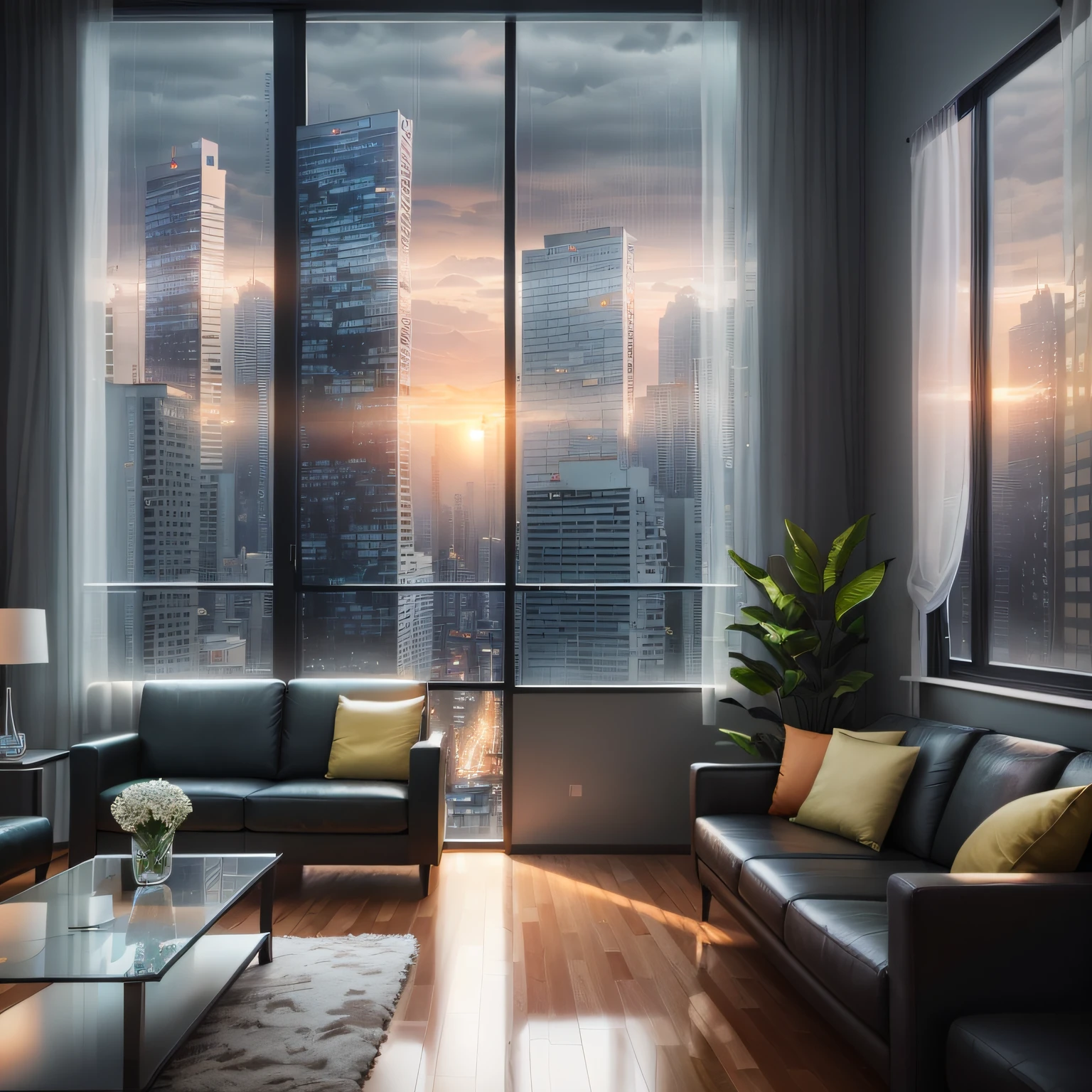 living room,modern style furniture, window, sky rainny weather, city sunset background
