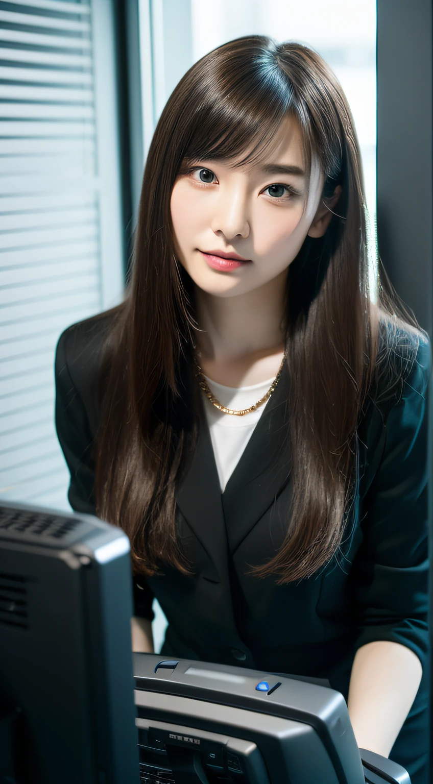 Working on a computer、Inside the company building、Bright interior、校服、Officelady、Longhaire、(Colossal tits:1.2)、((20 year old woman:1.2))、Young adorable Japan face, dewy skin、Soft portrait shots,8k,japanaese girl、realisitic