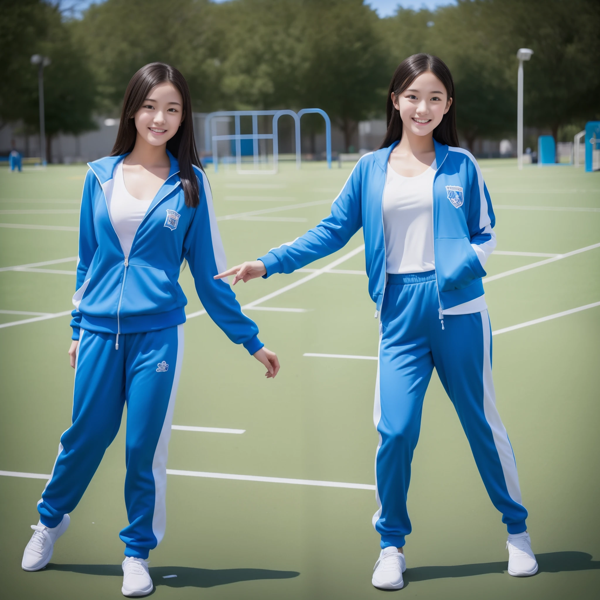 Beautiful high school student playing in blue and white tracksuit playing on school playground，Super high value，perfect body figure，beautiful hairl，Delicate hair，Fair face and skin，Beads of sweat hang down，Have fun on the playground，big full breasts，Chest hyperexcion，Clothes are tight，Delicate fair and soft toes，detailed finger，fully body photo
