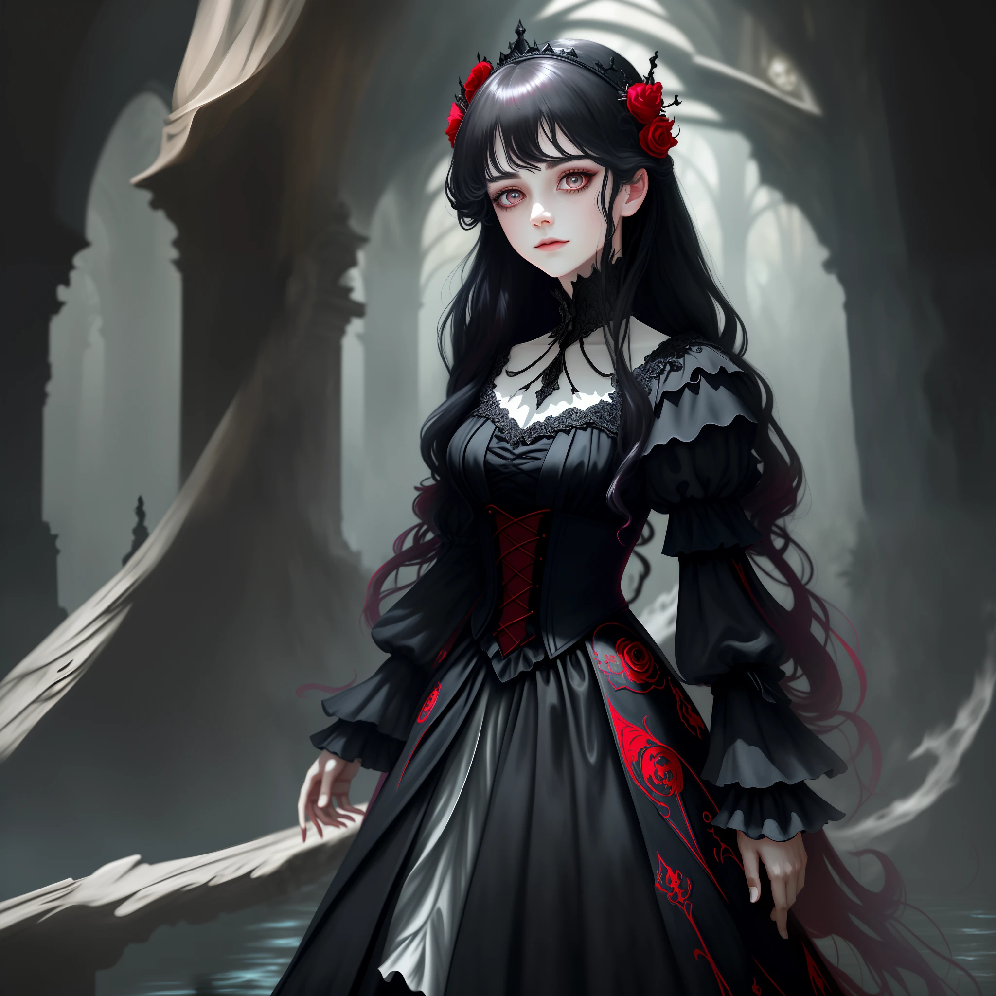 Gothic,highest quality,tmasterpiece,(A masterpiece),extreme hight detail,Correct hands,(Delicate portrayal of facial features),(Delicate hair portrayal),(Delicate eye portrayal),gem-like eyes,(Peerless beauty),Royal Sister ,(mature),((Detailed eyes and face)),(Delicate hand portrayal),4k画质,Gorgeous light and shadows,(Hazy fairy tale background),dark fog,Sense of brokenness,Messy hair,Delicate long red and black hair,Smooth hair,Delicate hair accessories,Dark Crown,Mature eye makeup,Delicate gothic maxi dress,guffaw,Arrogant,Laugh maniacally,quadratic element,Standing painting,Black streamer,red black,Red eyes,Gloomy Gothic background,Black waves,Turbidity flow,Dirty water flow