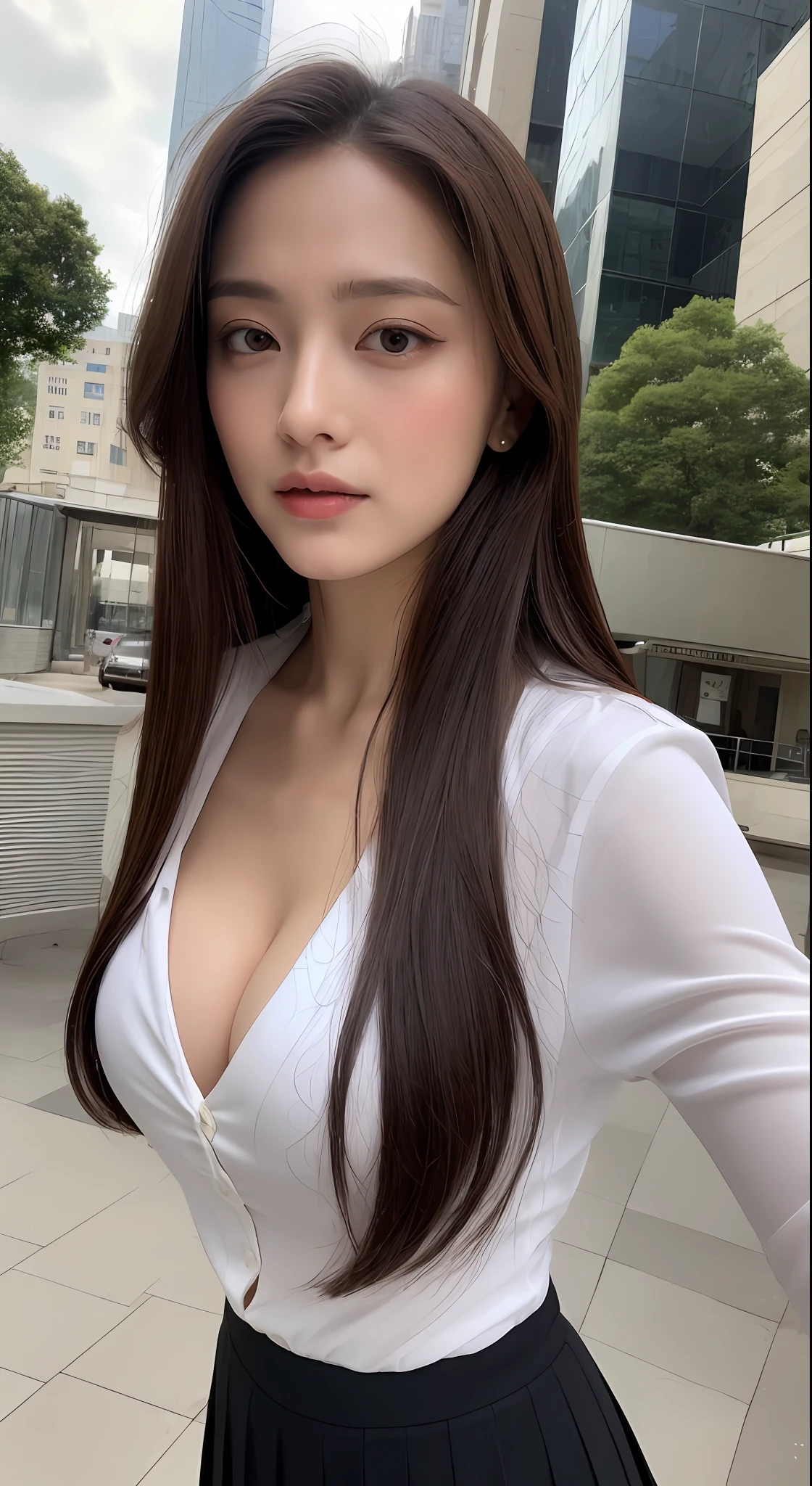 (best qualityer,A high resolution,tmasterpiece:1.3),Undo the buttons,A tall and beautiful woman,Slender abs,dark brown hair,nedium breasts,white button-down blouse,a black pleated skirt,(Modern architecture in background),The details of the face and skin texture are beautifully rendered,Detailed eyes,二重まぶた,cleavage