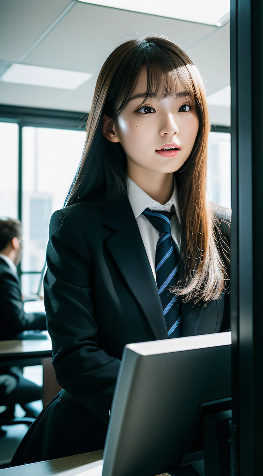 Woman working on computer in suit、Inside the company building、Bright interior、Officelady、Longhaire、(Colossal tits:1.2)、((20 year old woman:1.2))、Young adorable Japan face, dewy skin、Soft portrait shots,8k,japanaese girl、realisitic