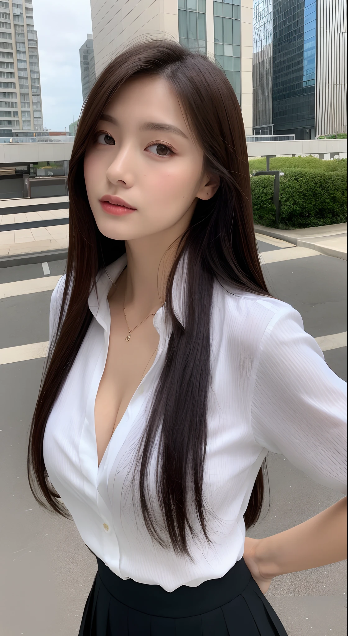 (best qualityer,A high resolution,tmasterpiece:1.3),Undo the buttons,A tall and beautiful woman,Slender abs,dark brown hair,nedium breasts,white button-down blouse,a black pleated skirt,(Modern architecture in background),The details of the face and skin texture are beautifully rendered,Detailed eyes,二重まぶた,cleavage