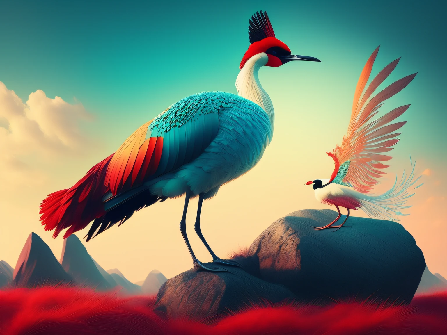 There is a one-legged red-crowned crane standing on a rock in the grass, (Cyan back feathers)，(Red belly feathers)，White mouth，a digital painting inspired by Mike Winkelmann, cgsociety contest winner, Fantasy art, fiery bird, birds f cgsociety, Beautiful digital artwork, surrealistic bird, Fantasy art Behance, stunning digital illustration, artwork of a phoenix, surrealistic bird, trend on behance 3d art
