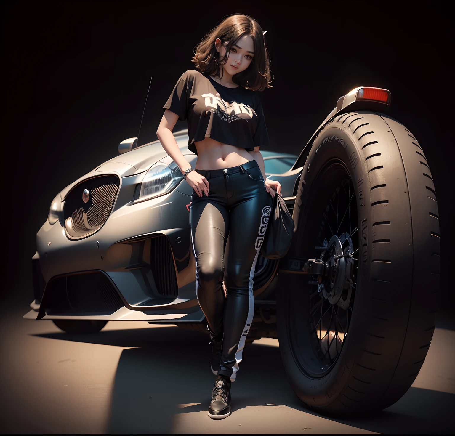 masterpiece、top-quality、ultra detailed, realistic, 8k, 1girl 、age19, beautiful face, a black T-shirt, Jaguar Pants, Bob Hair, (((simple background:1.3))), Smile,