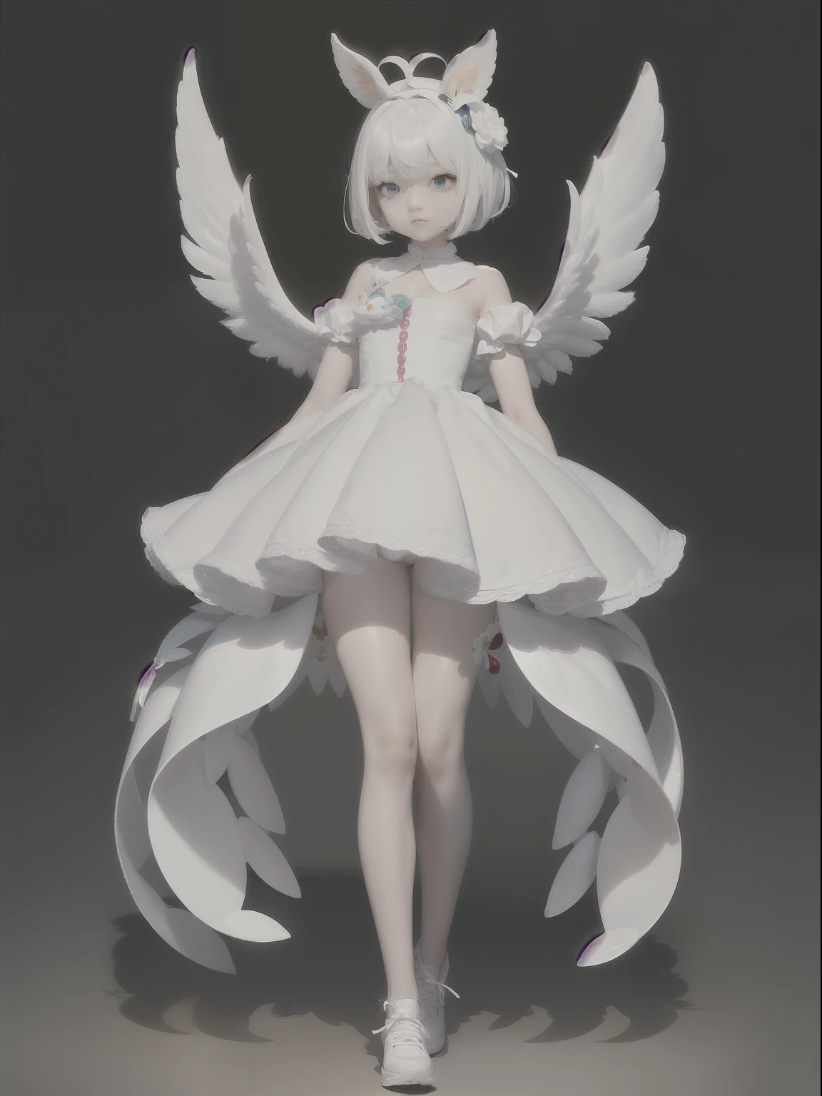 White gradient background, (in a panoramic view: 1.2, full bodyesbian: 1.2), 1 girl, Anatomically correct, Chicken headdress, Short hair, Chicken pattern clothes, White shoes, Perfect proportions, Extremely detailed face,(Best quality, high detal, Masterpiece, offcial art, movie light effect, 4K)