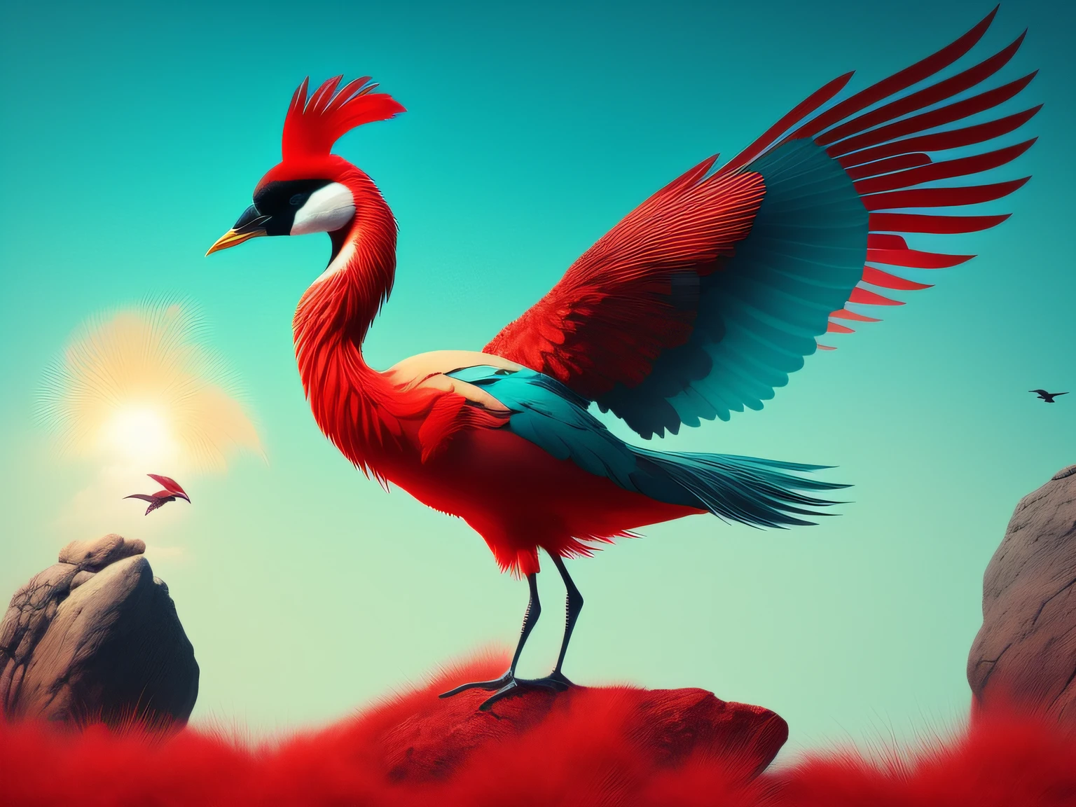 There is a one-legged red-crowned crane standing on a rock in the grass, (Cyan back feathers),(Red belly feathers),White mouth,a digital painting inspired by Mike Winkelmann, cgsociety contest winner, Fantasy art, fiery bird, birds f cgsociety, Beautiful digital artwork, surrealistic bird, Fantasy art Behance, stunning digital illustration, artwork of a phoenix, surrealistic bird, trend on behance 3d art