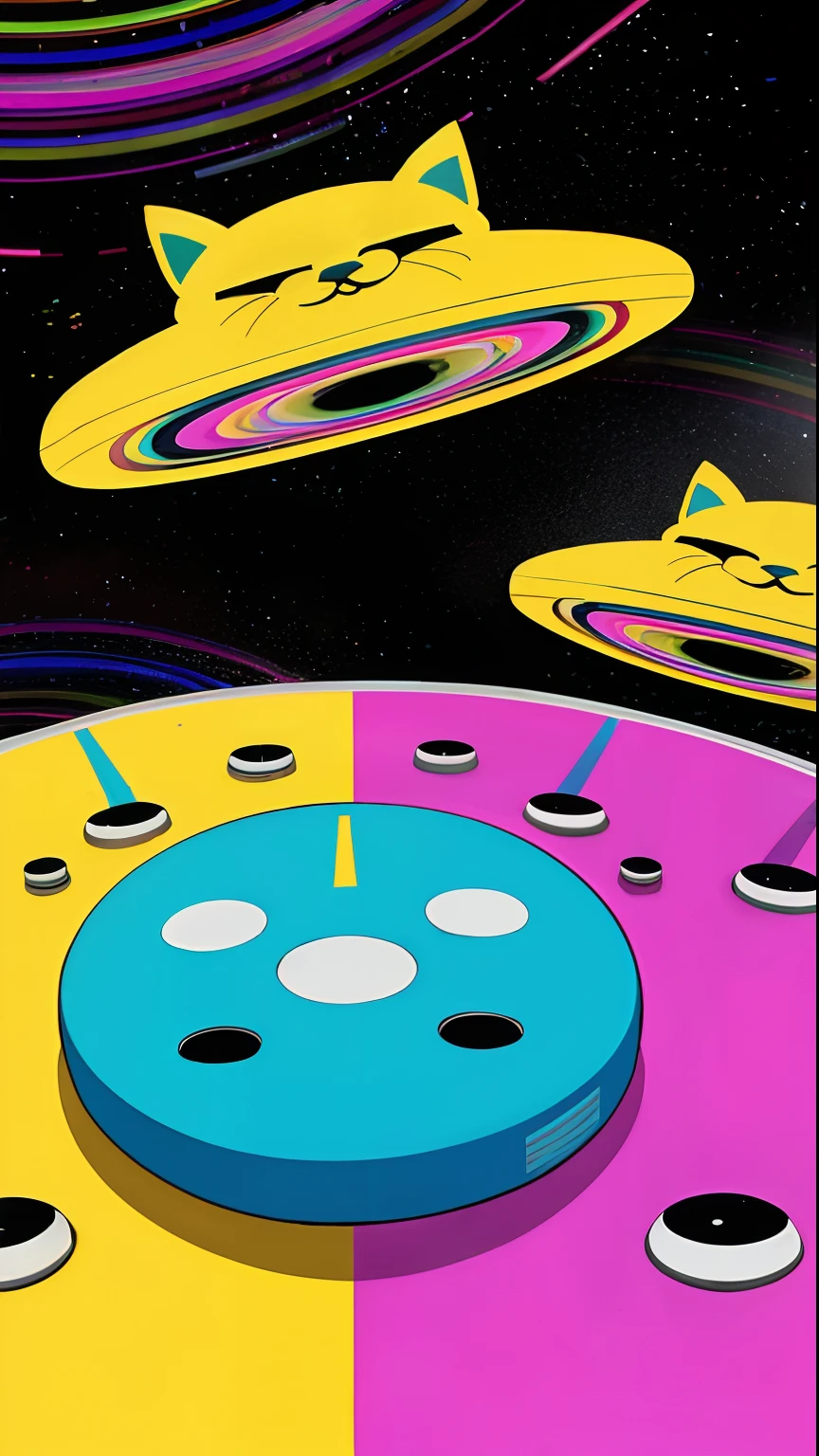 In the psychedelic world Cat astronaut DJing Many cats dancing to the tune of DJ Cat colourfull Unrealistic worldview The Simpsons Comic style