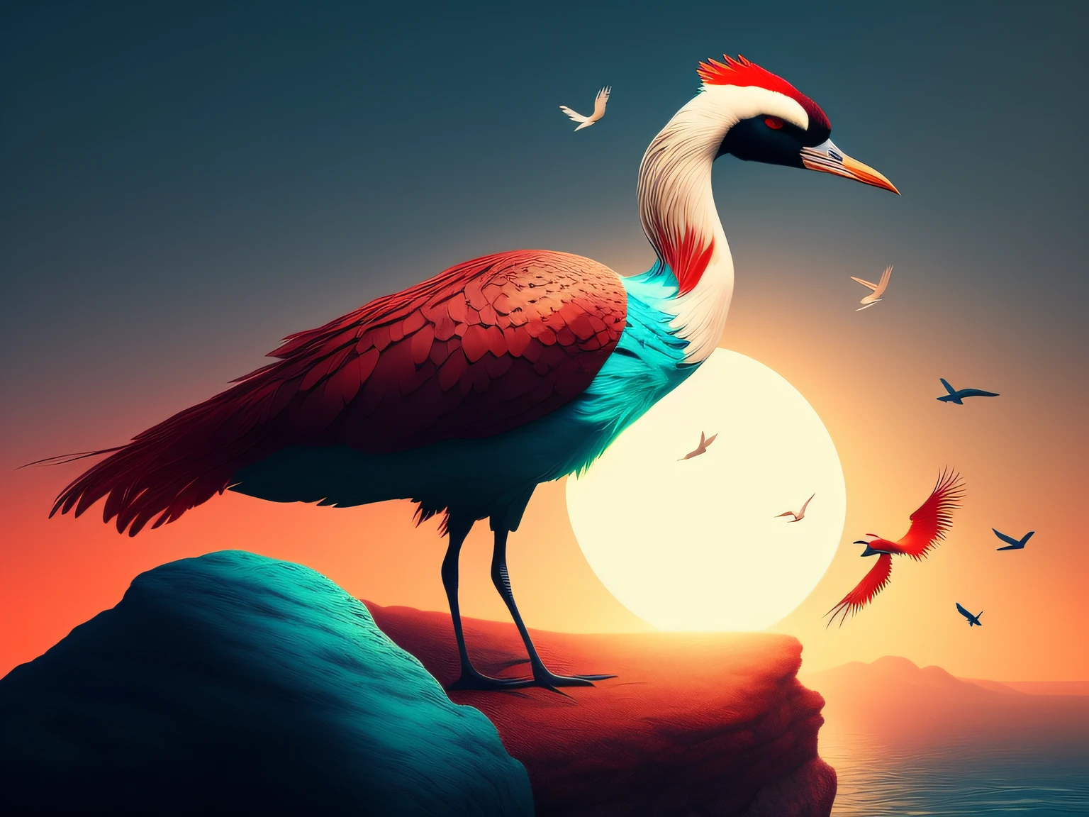 There is a one-legged red-crowned crane standing on a rock in the grass, (Cyan back feathers),(Red belly feathers),White mouth,a digital painting inspired by Mike Winkelmann, cgsociety contest winner, Fantasy art, fiery bird, birds f cgsociety, Beautiful digital artwork, surrealistic bird, Fantasy art Behance, stunning digital illustration, artwork of a phoenix, surrealistic bird, trend on behance 3d art
