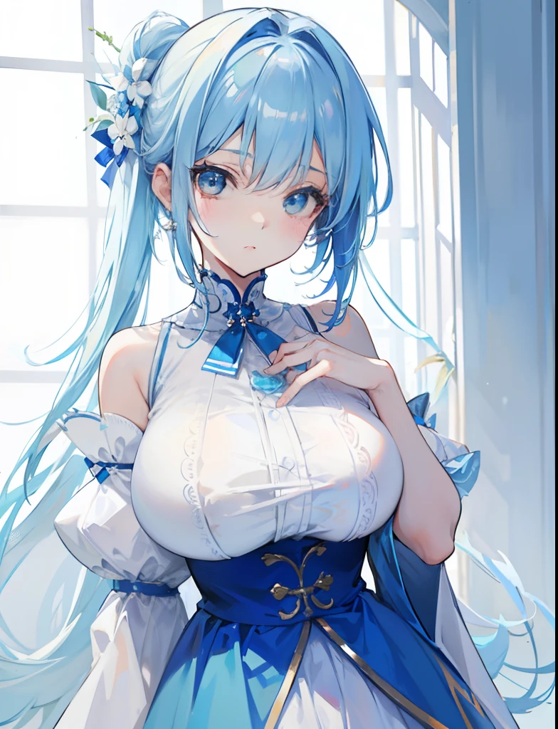 blue hairs，Blue and white clothes，Sexy big breasts，Sell cute very cute sweet girl，Same hairstyle and clothes as pictured，But more detailed than pictures，more clearly，More refined