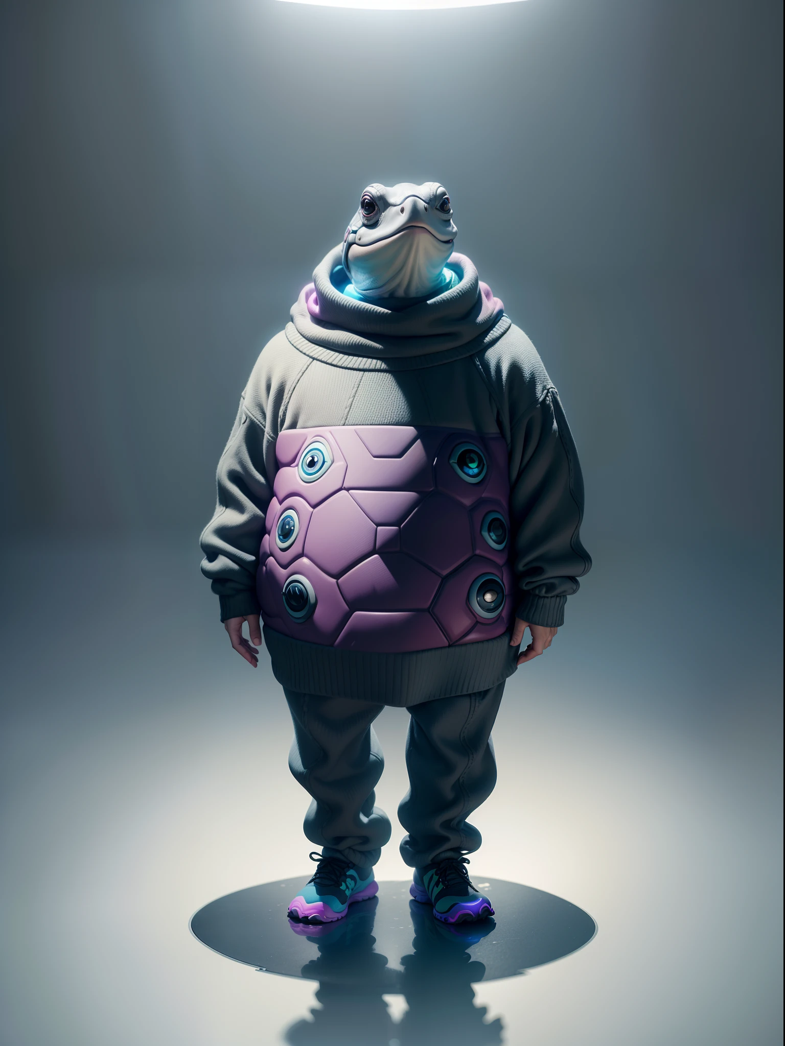 (anthropomorphic turtle),(Full body photo),Doggy,Sweaters, eye glass,standing on your feet,Gray gradient background,(Extremely colorful, Best quality, high detal, Masterpiece, Cinematic lighting, 4K, Chiaroscuro)