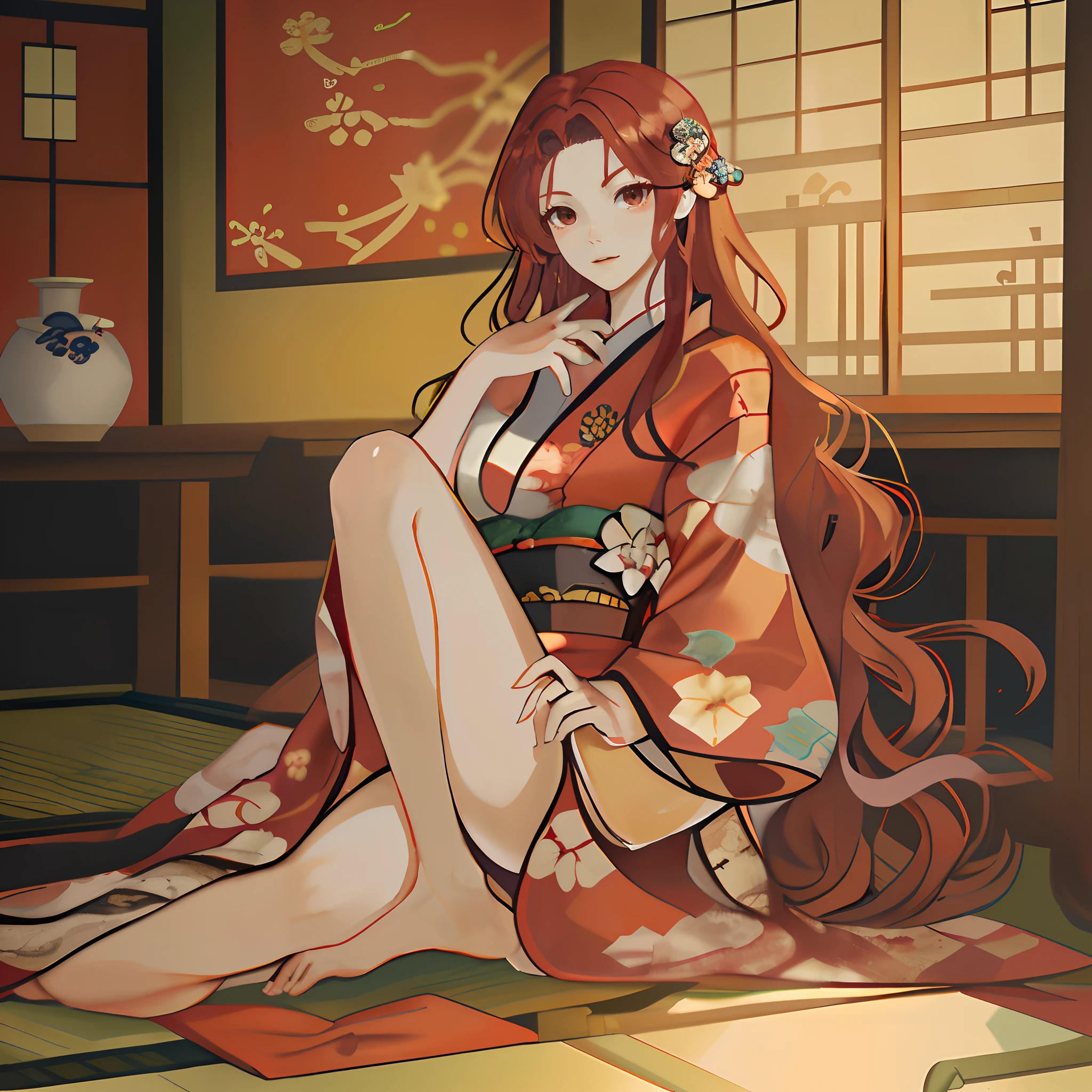 one-girl,red long wavy hair,in a kimono,Bumpy figure,boobgasm,Bare thighs,Seductive expressions,Seductive expression,Lie on a tatami,In a Japanese-style wooden house,overhead photography