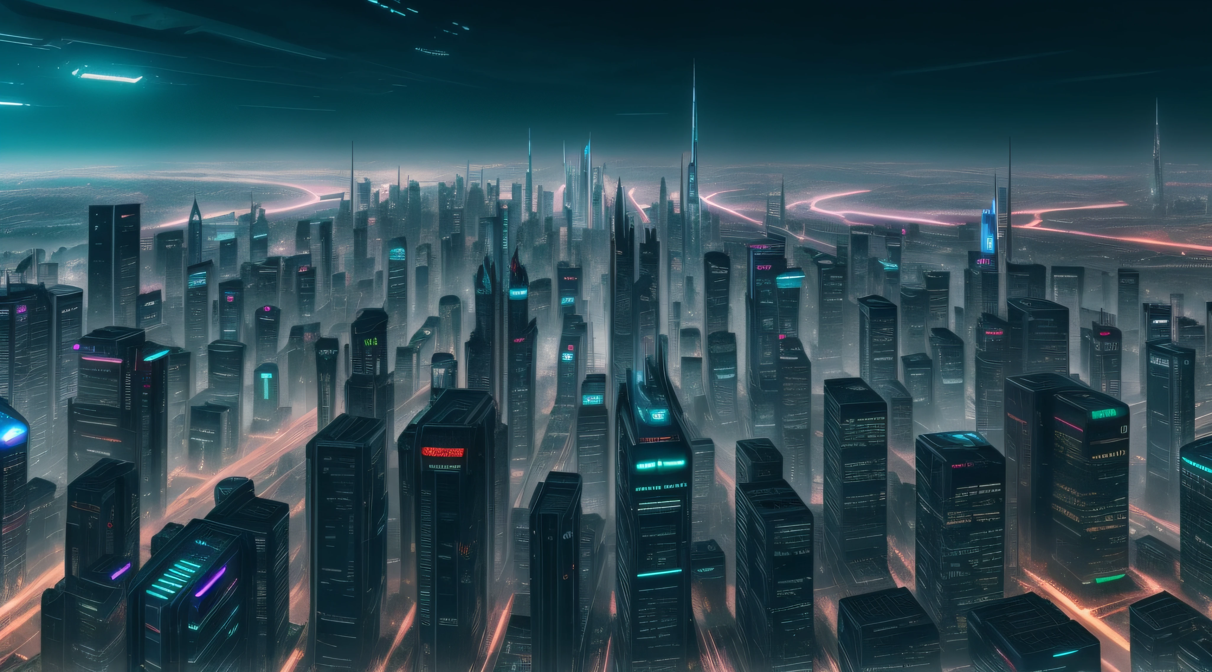 A city with many tall buildings and trains on tracks, dark futuristic city, in fantasy sci - fi city, Futuristic city landscape, cyberpunk cathedral, dark cyberpunk metropolis, in a futuristic cyberpunk city, sci fi city, Cyberpunk metropolis, cyberpunk city landscape, futuristic metropolis, cyberpunk city landscape, sci fi city, Cyberpunk city, Futuristic city landscape, futuristic dystopian city