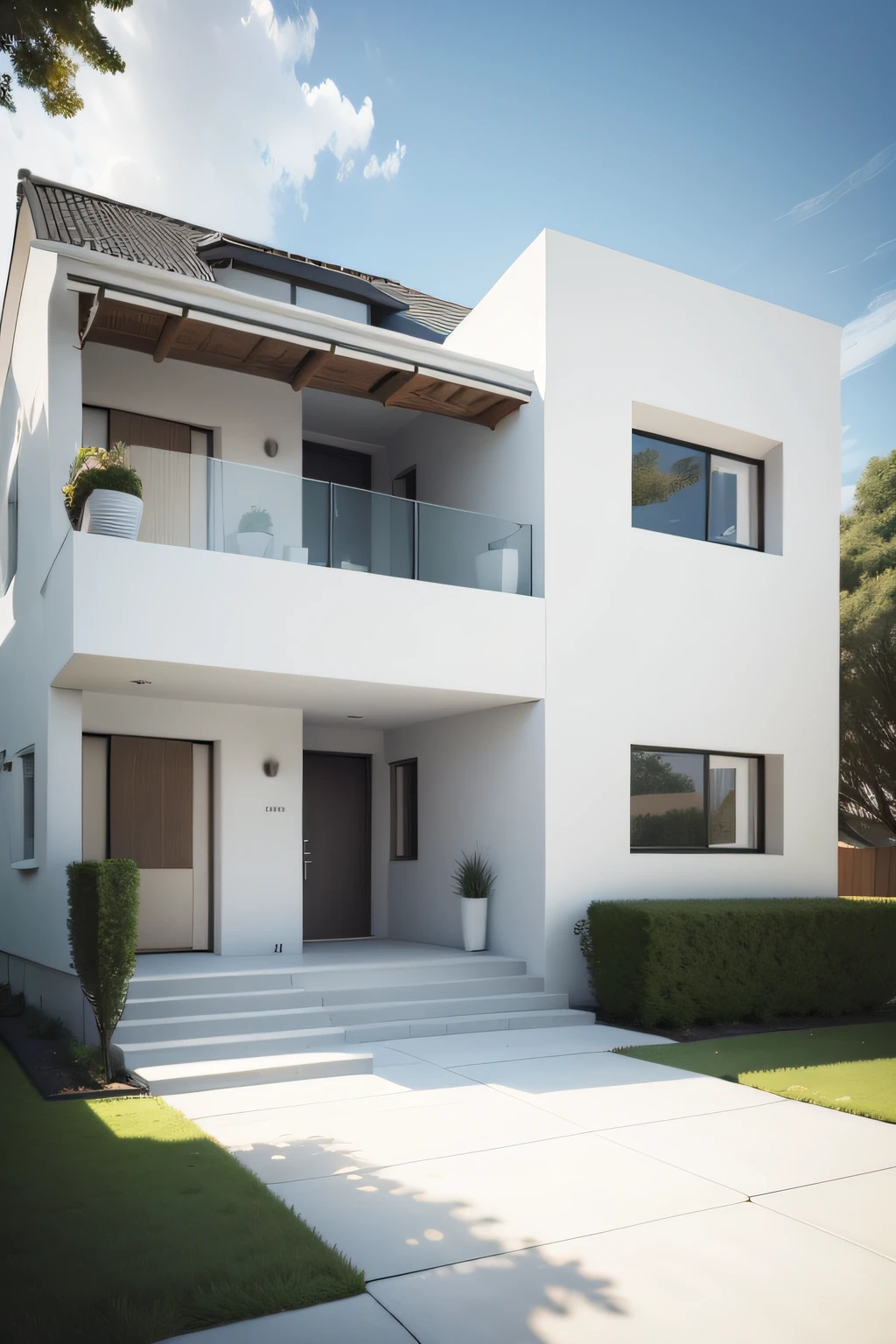 This is a rendering of a house with a white façade and a large front yard. The house has a large porch with white pillars,There is a balcony on the second floor. The windows are huge,white colors, The roof is made of white tiles. There was a car parked in the driveway in front of the house. The overall style of the house is modern and elegant.