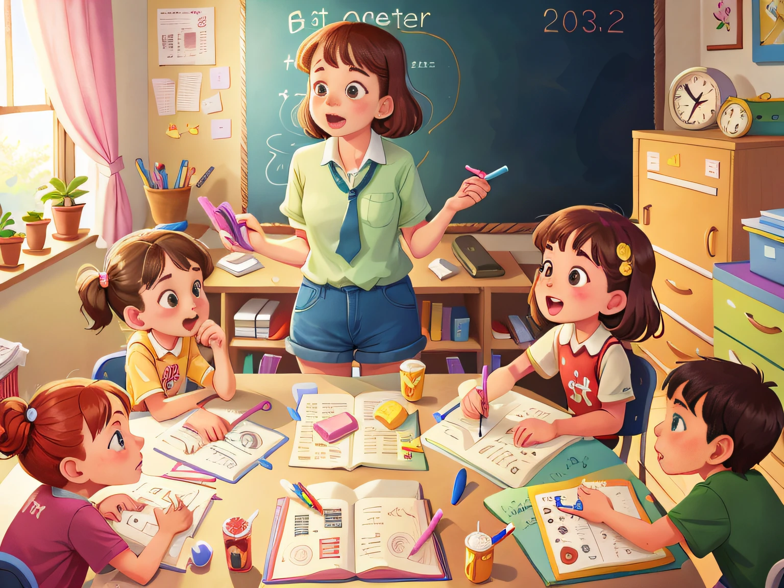 A teacher,3 students,Students aged 2-6,Play games together in the room,No tables and chairs,KIDS ILLUSTRATION,Pubic area is clear,Fingers correct