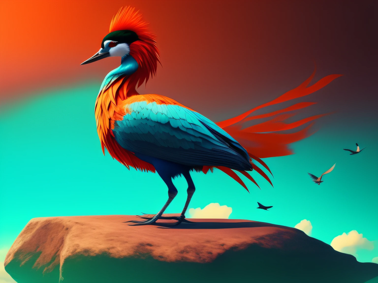There is a one-legged red-crowned crane standing on a rock in the grass, (Cyan back feathers),(Red belly feathers),White mouth,a digital painting inspired by Mike Winkelmann, cgsociety contest winner, Fantasy art, fiery bird, birds f cgsociety, Beautiful digital artwork, surrealistic bird, Fantasy art Behance, stunning digital illustration, artwork of a phoenix, surrealistic bird, trend on behance 3d art