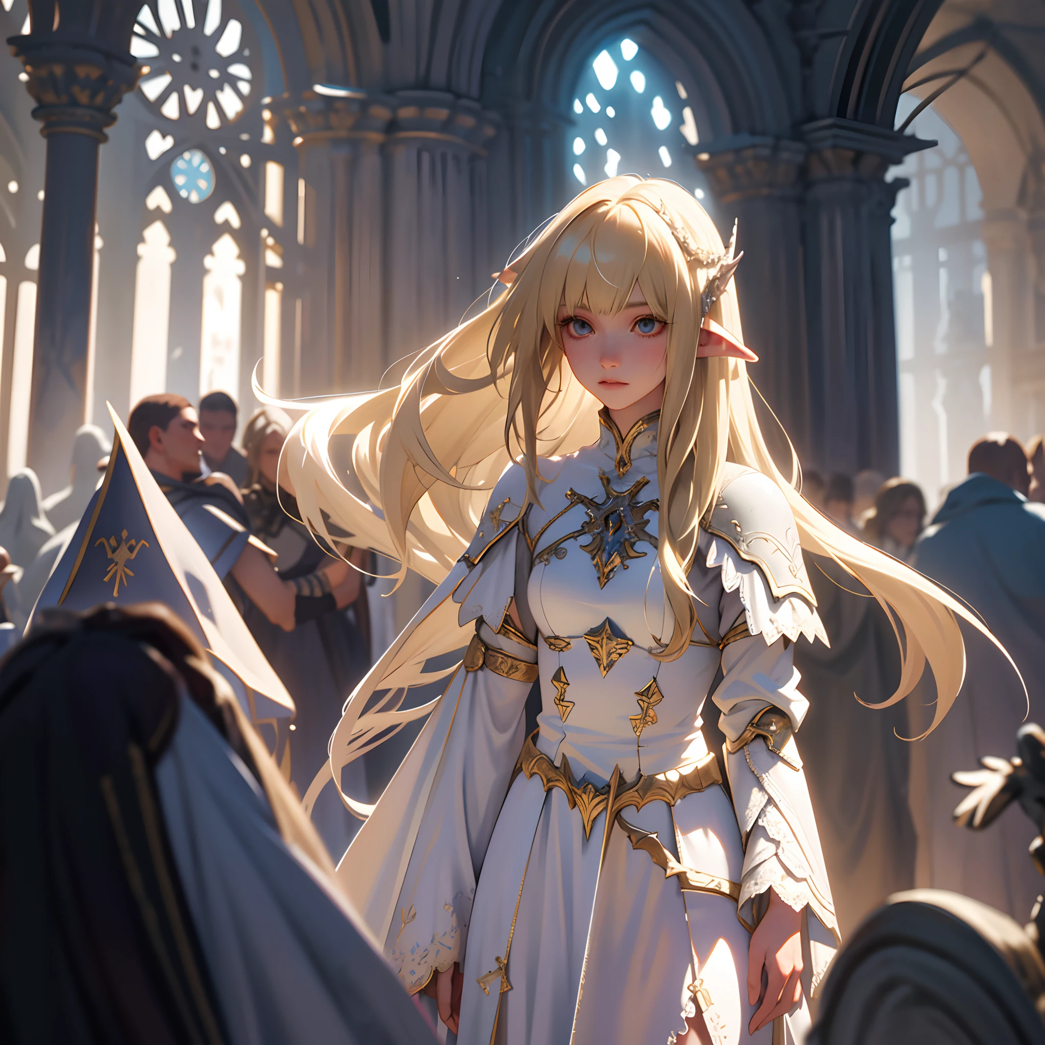 beautiful slender young long-haired with bangs blonde woman in tattered white fantasy armor , castle interior, UHD, elven fantasy, micro details, soft light, photorealistic, proportional, hyper details, 1girl, anime, face focus, depth of view, standing