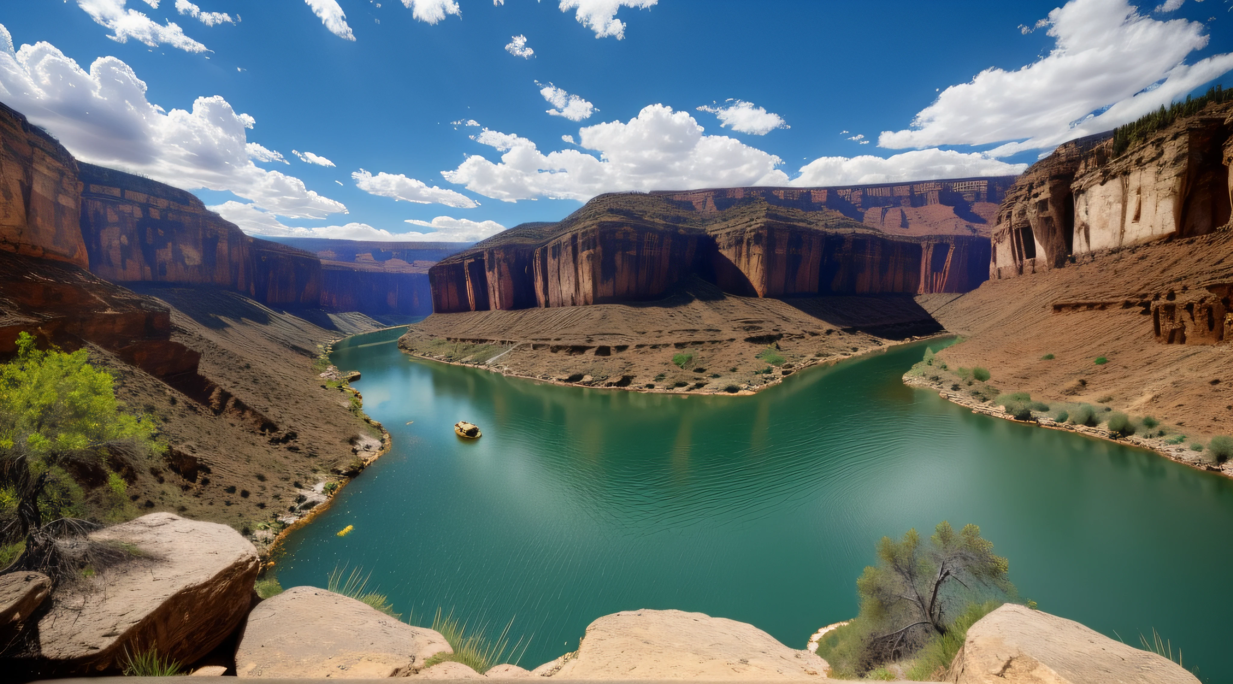 Natural image quality，HD texture，Canyon Falls，with blue sky and white clouds，Clear river，Beautiful natural landscape，high saturated，Perfectly presented