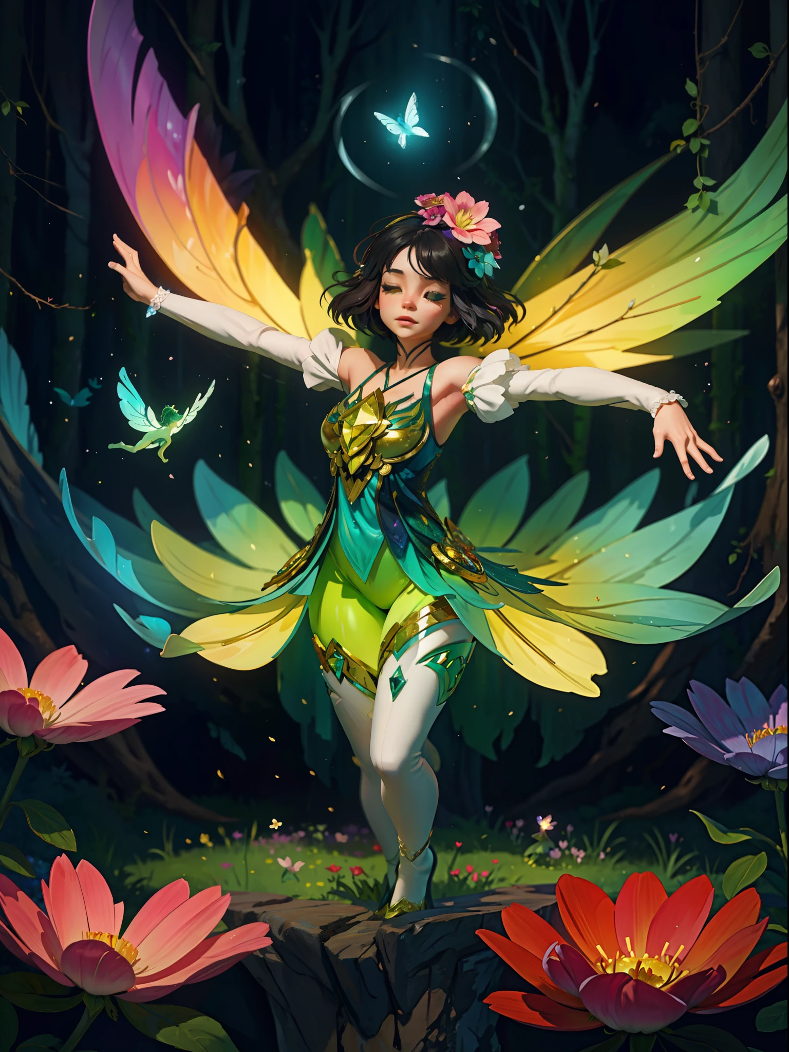 "Enchanting flower fairy dancing in a mystical forest, vibrant colors and delicate details, creating an ethereal atmosphere. Combine elements of fantasy and nature, with graceful movements and glowing wings. Surround the fairy with blooming flowers, shimmering sunlight, and a hint of magic. Let the scene exude a sense of wonder and enchantment."