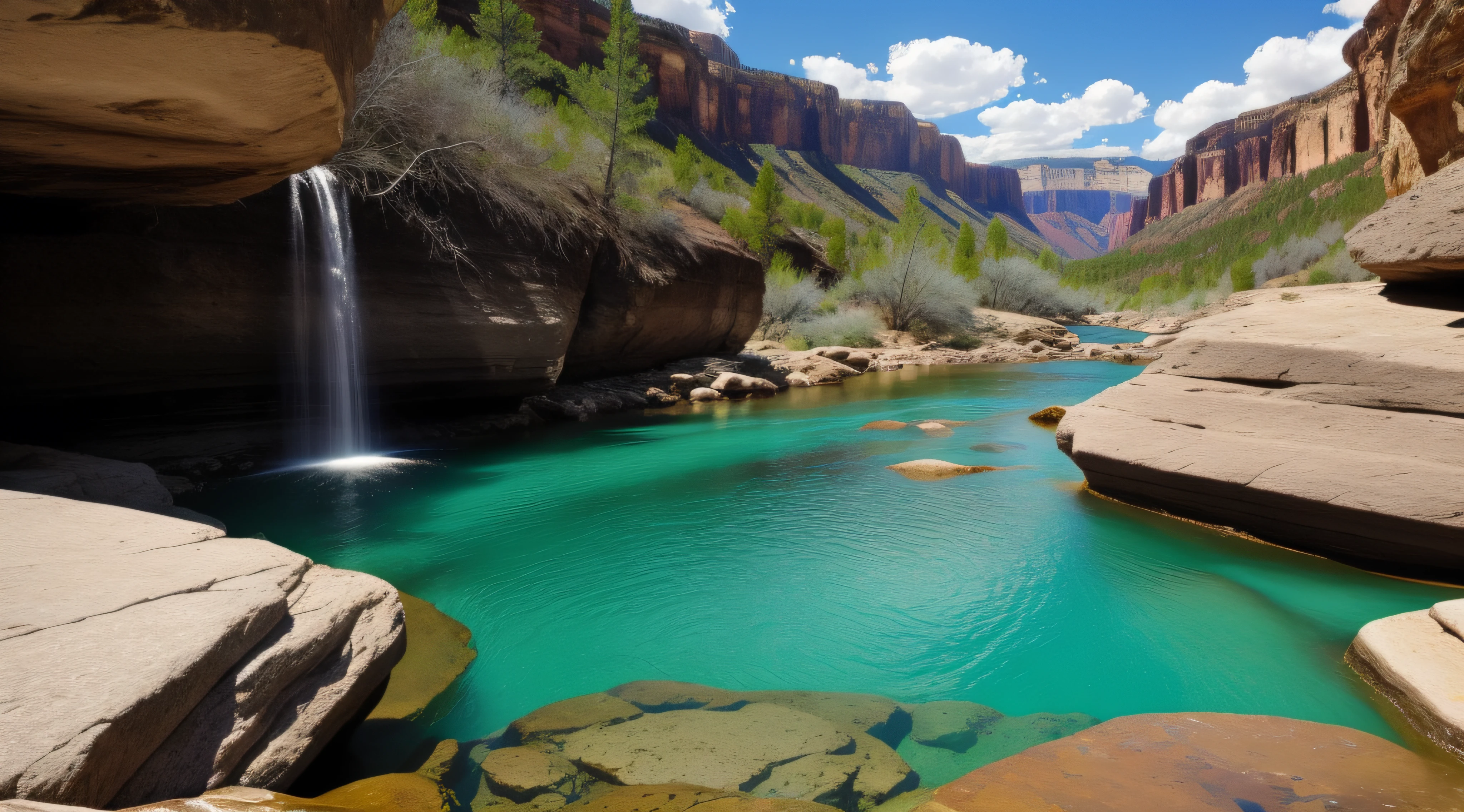 Natural image quality,HD texture,Canyon Falls,with blue sky and white clouds,Clear river,Beautiful natural landscape,high saturated,Perfectly presented