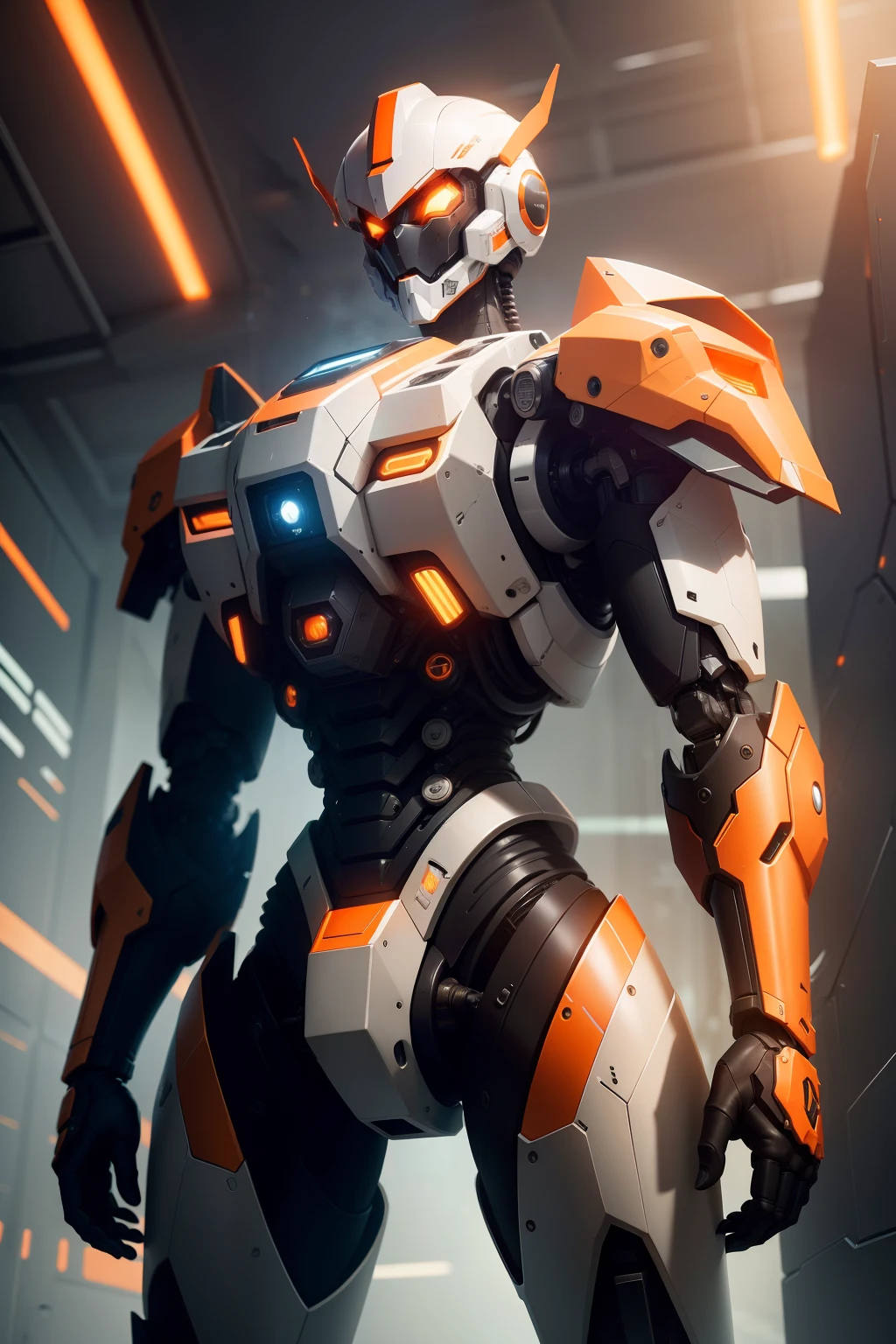 This sturdy exoskeleton structure is a huge mecha image IP, which is full of technological futuristic power and combat effectiveness，Incorporating orange light effects，ao mesmo tempo，This image also shows the cutting-edge sense of future technology。