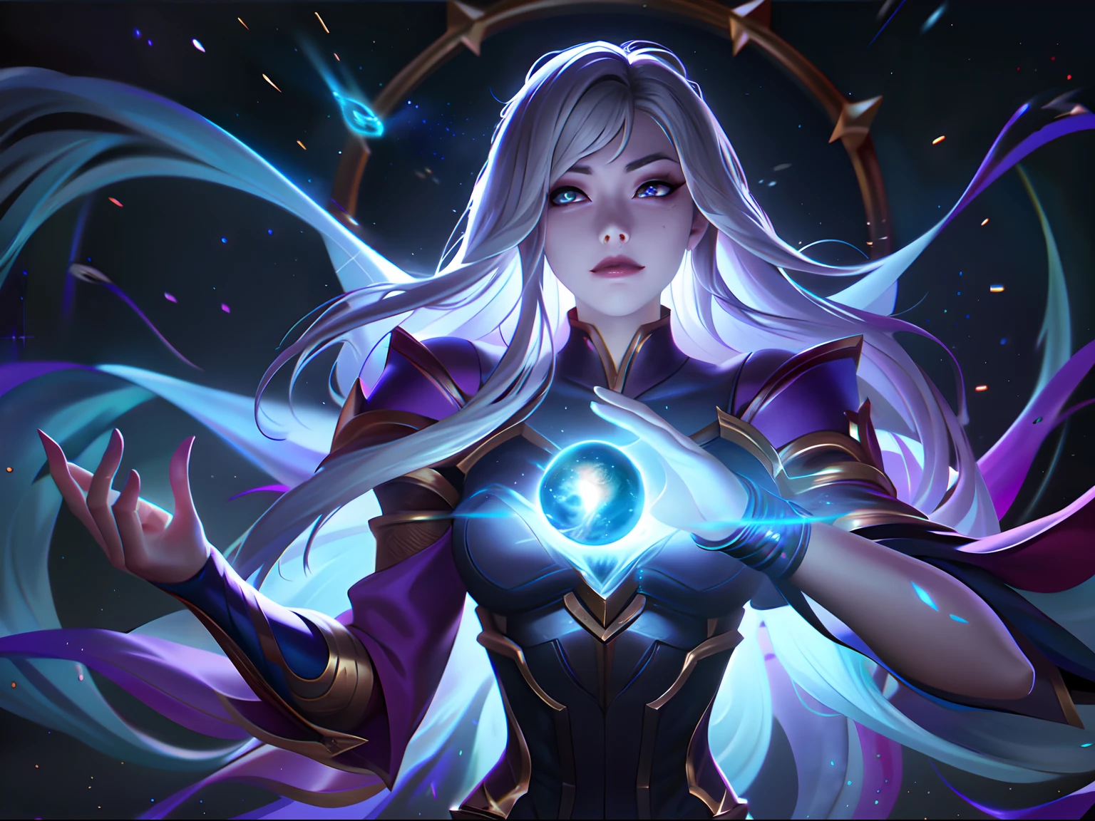 (League of Legends:1.5),Astrid, the Graviton Slinger, is depicted in her splashart as a powerful and enigmatic force, wielding her gravitational manipulation abilities with mastery. The scene takes place in a celestial realm, where stars and cosmic energy illuminate the vastness of space.

Astrid possesses an otherworldly beauty, with flowing silver-white hair that seems to shimmer with the brilliance of distant stars. Her skin has a faint celestial glow, radiating with the power she commands. She wears a sleek, futuristic suit adorned with intricate patterns that resemble constellations and gravitational fields. The suit hugs her figure, emphasizing her strength and agility.

In the center of her palms, Astrid generates orbs of gravitational energy, each pulsating with vibrant hues of purple and blue. These energy orbs form the foundation for her gravitational abilities. Surrounding her, smaller orbs and filaments of energy spin and orbit, representing the gravitational fields she creates and manipulates.

Astrid's eyes emit an intense, piercing gaze, glowing with the same gravitational energy that courses through her. Her expression conveys both focus and determination, revealing her unwavering control over the forces she wields.

The backdrop of the splashart showcases the vast expanse of space, filled with distant galaxies and nebulae. Ethereal strands of gravitational energy weave through the cosmos, forming intricate patterns and connecting celestial bodies. The scene creates a sense of awe and wonder, as Astrid harnesses the fundamental forces of the universe.

The color palette is dominated by deep purples, blues, and blacks, reflecting the cosmic nature of Astrid's powers. The vibrant energy orbs stand out against the dark backdrop, adding a dynamic and captivating element to the splashart, splashart, linhas de corpo, cores vibrantes, detalhes requintados, cinemactic, artstation, rosto detalhado, por rossdraws, por Kienan Laf,normal hands,holding ball,