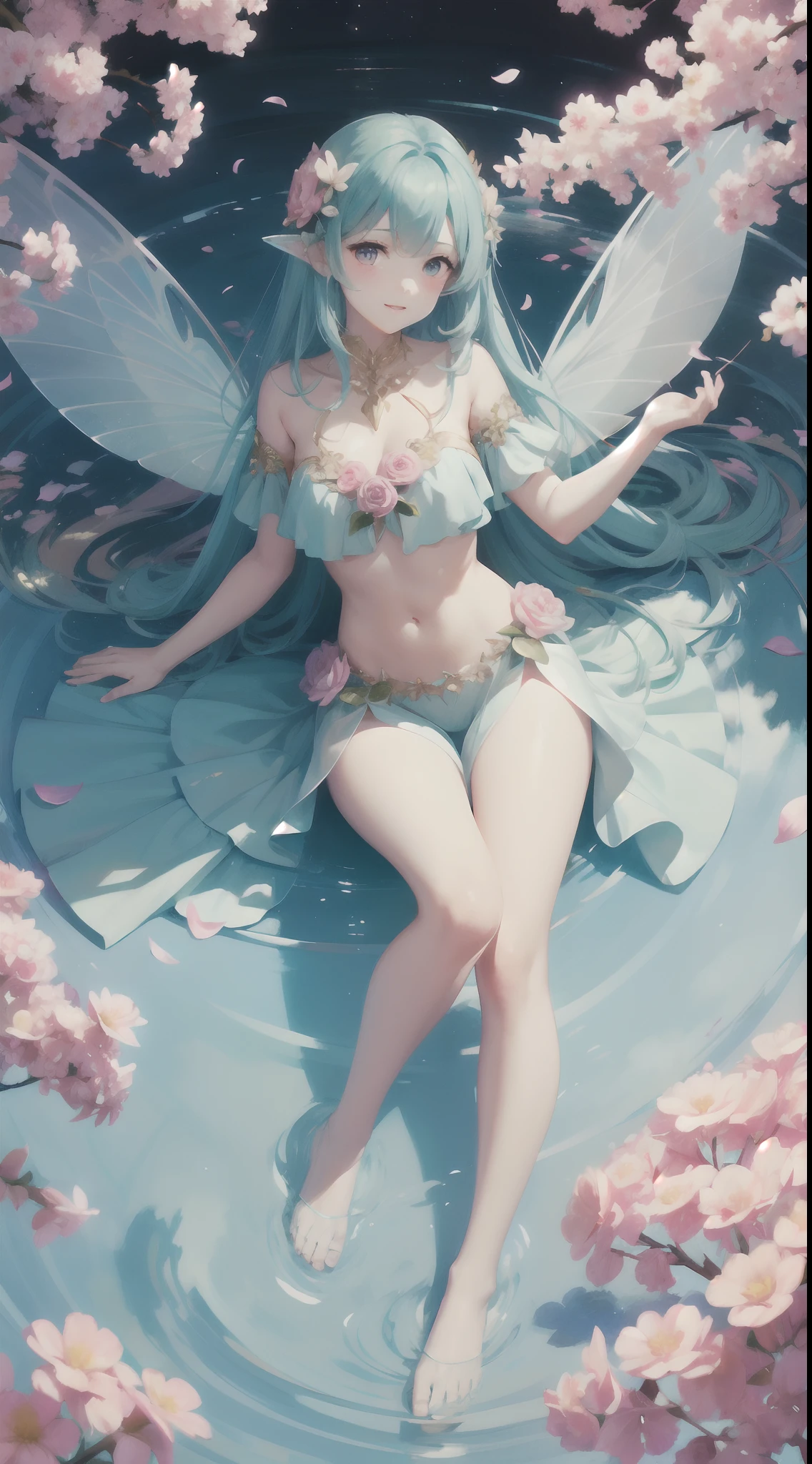 A flower fairy,Wings as thin as cicada wings,flower sea,with petals falling,in a panoramic view,realisticlying,best qualtiy,tmasterpiece,Golden point composition,4k