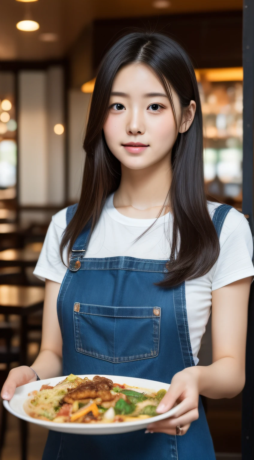 Woman in apron carrying food on a tray at a restaurant、Longhaire、(Colossal tits:1.2)、((20 year old woman:1.ung adorable Japan face,8k,japanaese girl、realisitic
