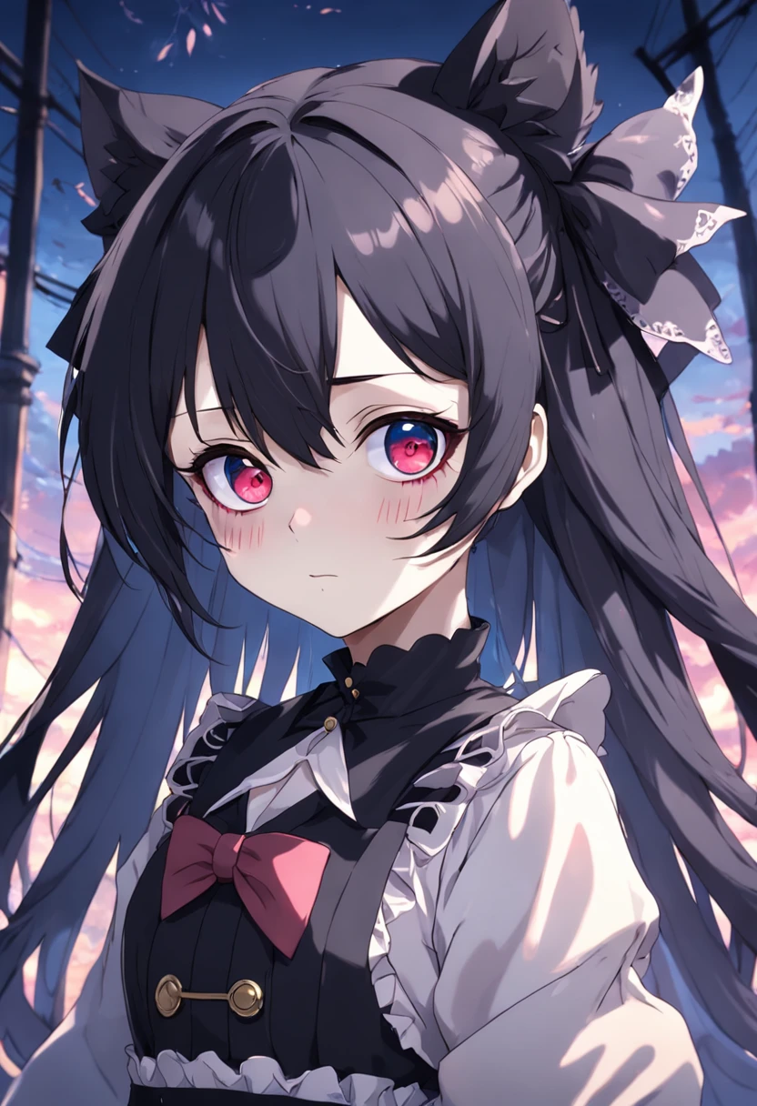 Anime girl ，Wear a white eye patch over the right eye，Secondary disease，Wearing a black Gothic Lolita