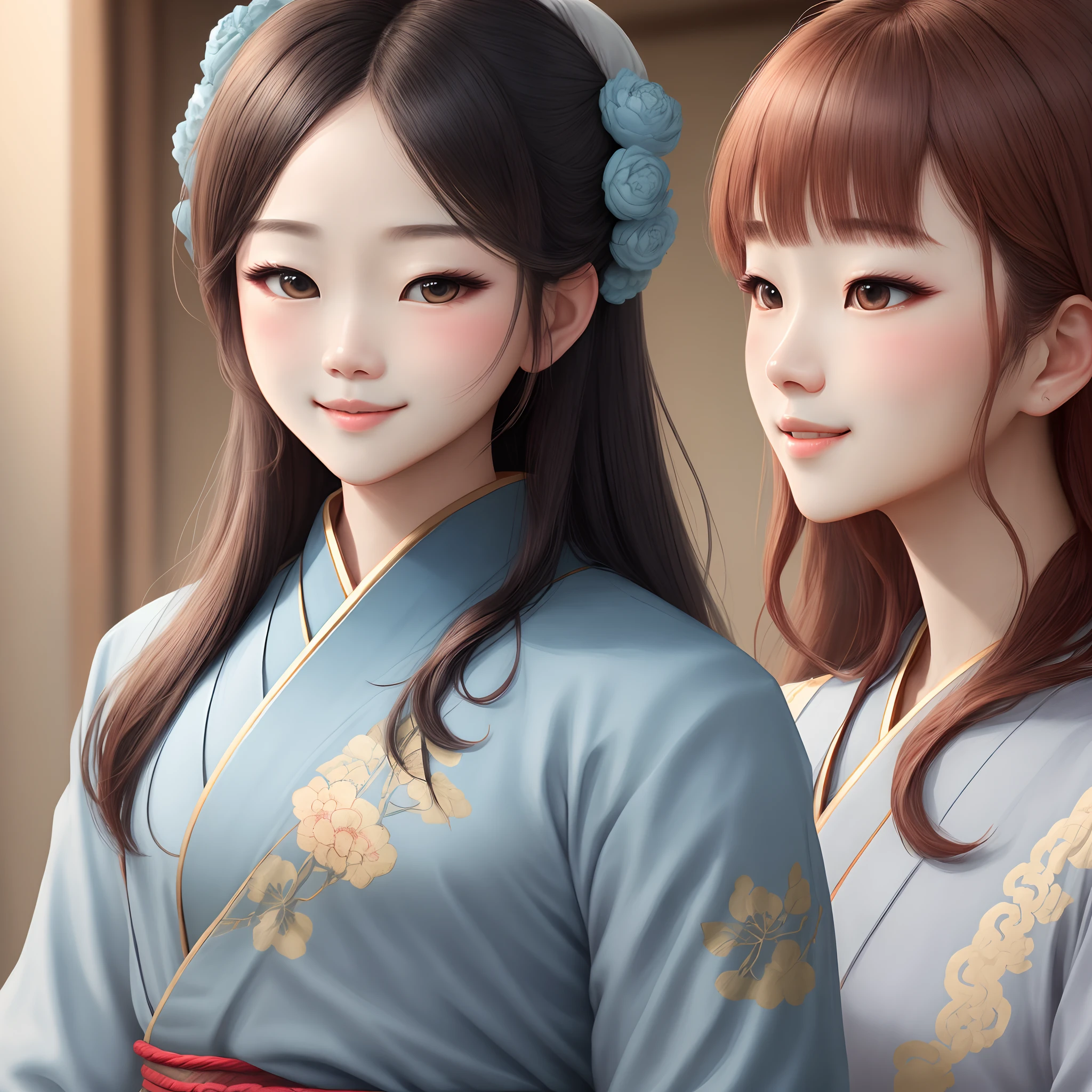 Oriental aesthetic light blue clothes，Classical plumpness，Tall 4K face portrait，long hair flowing，二重まぶた，a tall nose，little mouth，Blushlush，ssmile，Home