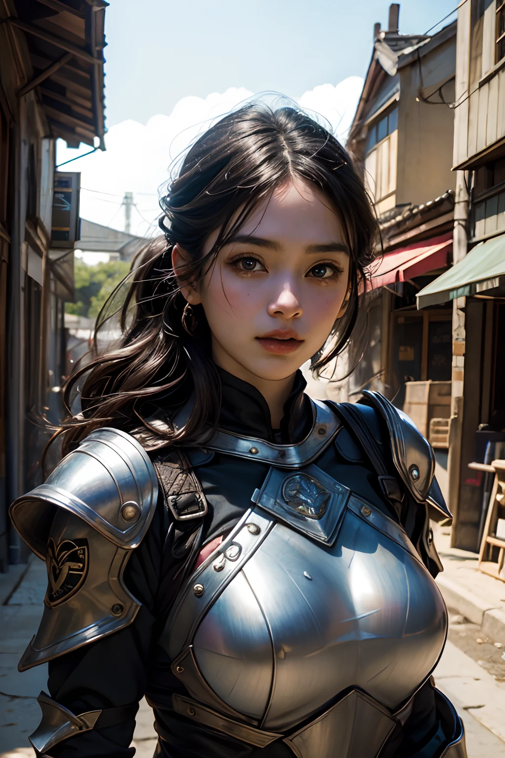 ulzzang -6500-v1.1,(Raw foto:1.2),((Photorealsitic:1.4)),top-quality,​masterpiece, illustratio, extremely delicate and beautiful, extremely details CG,Unity,8k wallpaper, astonishing、finely detail, Official art,absurderes, Incredibly ridiculous, huge filesize, ultra-detailliert, hight resolution, (Raw photo, Best Quality, Mastery:1.2), (NSFW), (Realistic, Photorealsitic:1.4), (masuter piece:1.4), (Best Quality:1.4), 1girll, Solo,Clean face, 详细的脸, (The most beautiful face:1.5)、(The cutest face:1.5)、perfectly proportions, A slight smil, Beautiful goddess with perfect body shape、Goddess of battle, Wear armor、FULL BODYSHOT, The background is ruins、blur backgroun、Ruins after modern warfare、natta、murky、
