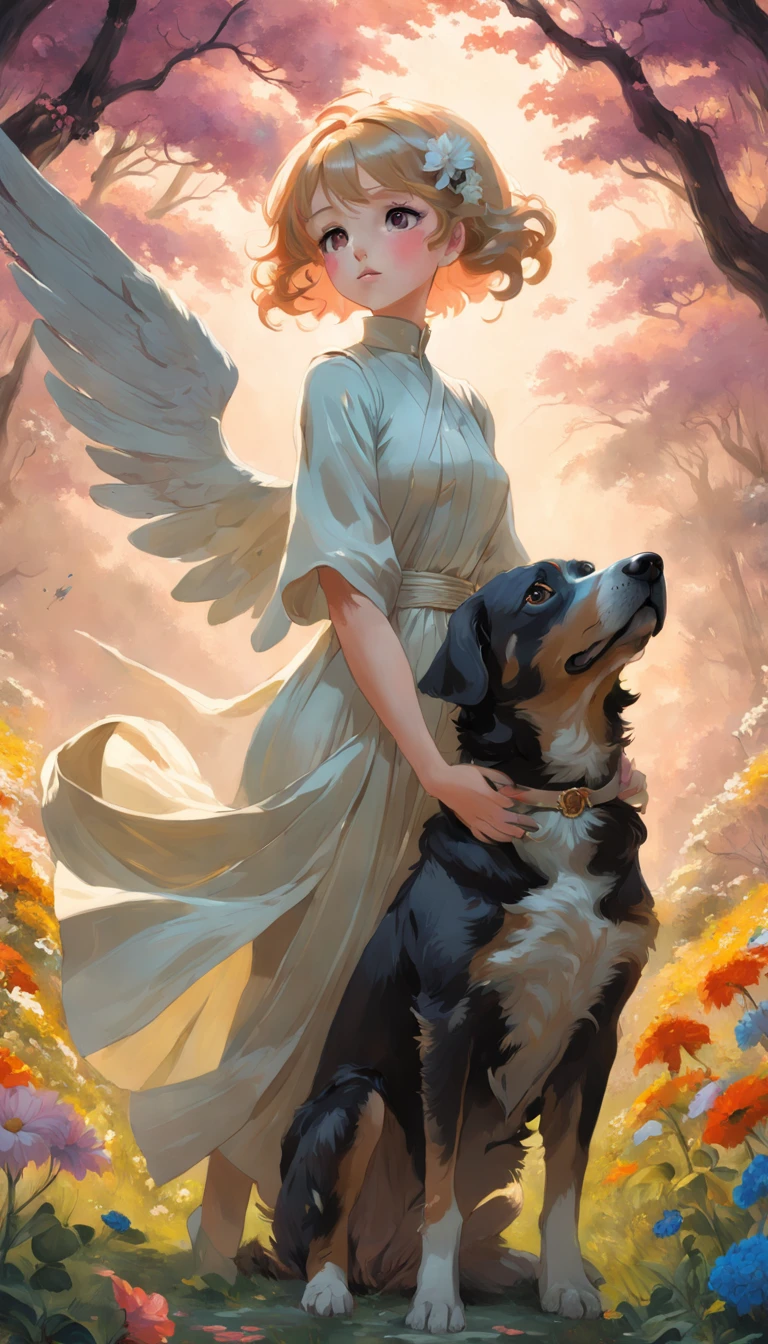 Portrait, Medium shot , A lady with wings and a dog, in an art nouveau style, wildflowers , Photorealistic masterpiece,Inspired by Bert George Romney dogs , greg rutkovsky, Art germ, Phlegm sputum, phlegm, tom bagshaw, Zdzislaw Beksinski, Yoshitaka Amano