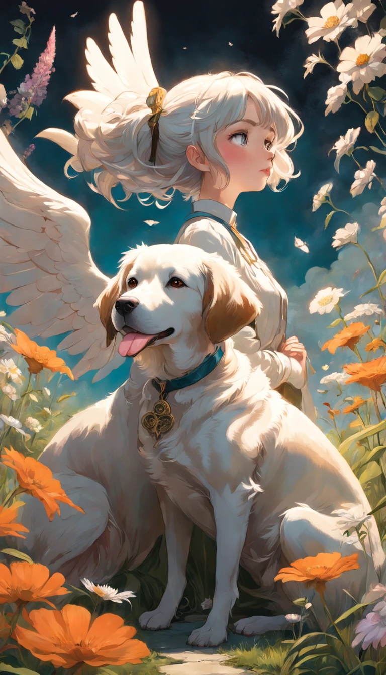 Portrait, Medium shot , A lady with wings and a dog, in an art nouveau style, wildflowers , Photorealistic masterpiece,Inspired by Bert George Romney dogs , greg rutkovsky, Art germ, Phlegm sputum, phlegm, tom bagshaw, Zdzislaw Beksinski, Yoshitaka Amano