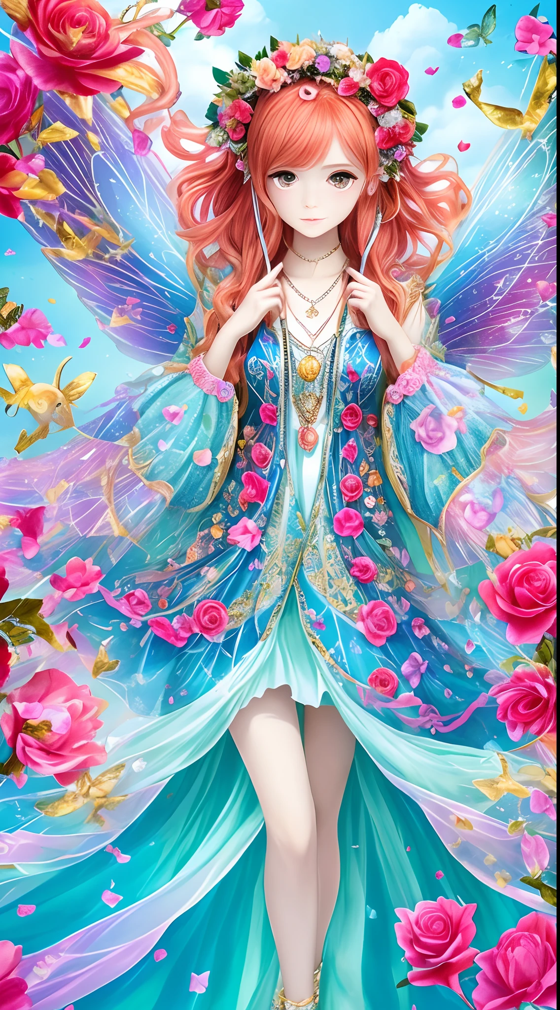 Full body photo，1 Fairy，[cleanness+Colorful wings]，redheadwear，Floral hair ornaments，sandals,，pendant，Colorful dresses，Loose-fitting sleeved jacket，（Magic wand），rose petals，（Perfect detailed fingers）,on the sky。Complicated details, artwork of a，tmasterpiece。