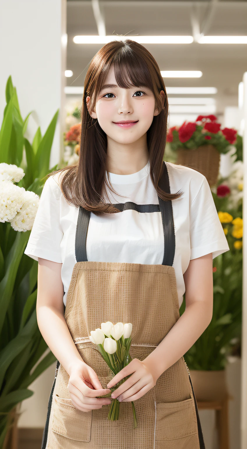 Woman in apron displaying flowers in store at flower shop、Longhaire、(Colossal tits:1.2)、((20 year old woman:1.2))、Young adorable Japan face,8k,japanaese girl、realisitic