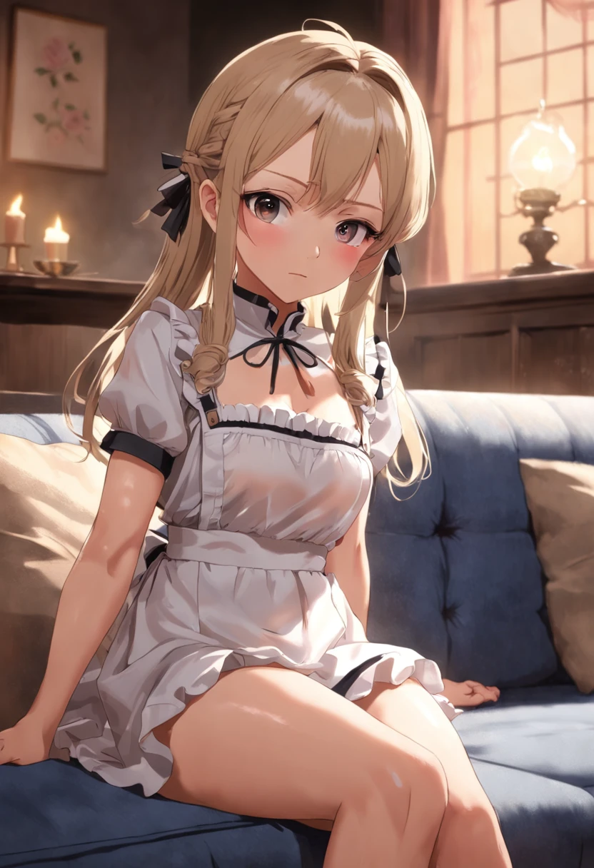 Cute adult woman with short baby face、Maid clothes with short sleeves、small tits、toppless、bottom less、(Show me the small areola and ), (Sitting on the sofa in the living room), (Spread your legs wide:1.5), (Masturbating by showing slightly damp female genitalia with white liquid:1.5), Living room at home、Beautiful fece, 4K、top-quality、超A high resolution, The ultra -The high-definition, masterpiece, foco nítido, Photo Quality、frombelow