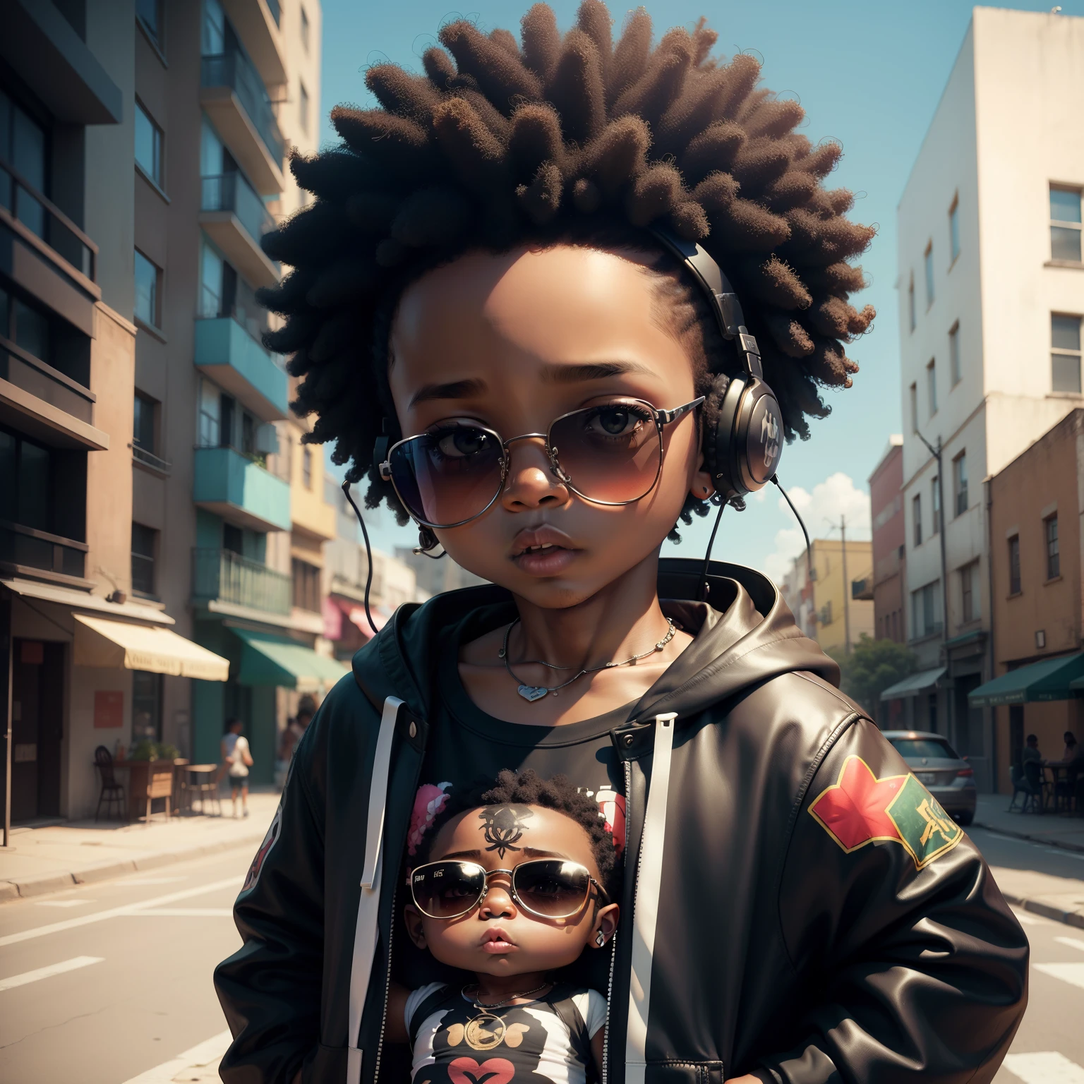 afro baby brother, wears headphone, with tatoo, cute and tiny, gangsta style.wears sunglasses.street, love marijuana