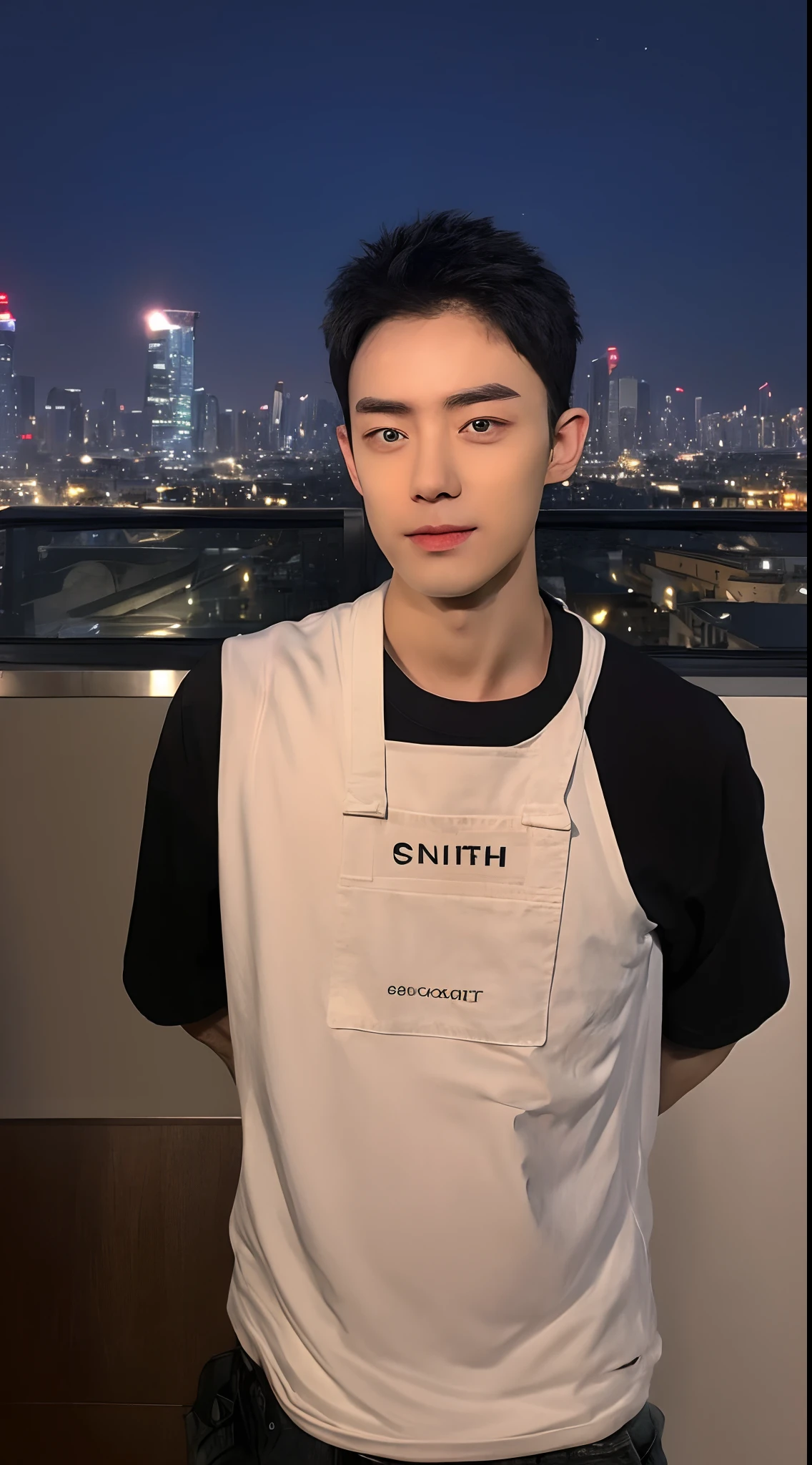 ((Midnight, Best quality, 8k, Masterpiece :1.3)), Full body, Long legs, Sharp focus :1.2, Beautiful man with perfect figure :1.4, Slender abs : 1.1, ((Black hair :1.2 )), (White tight-fitting T-shirt, Jean bib, Stand:1.2), ((Nightscape, Rooftop:1.3)), Face and skin texture have gradation High detail, Detailed eyes, Double eyelid eyes